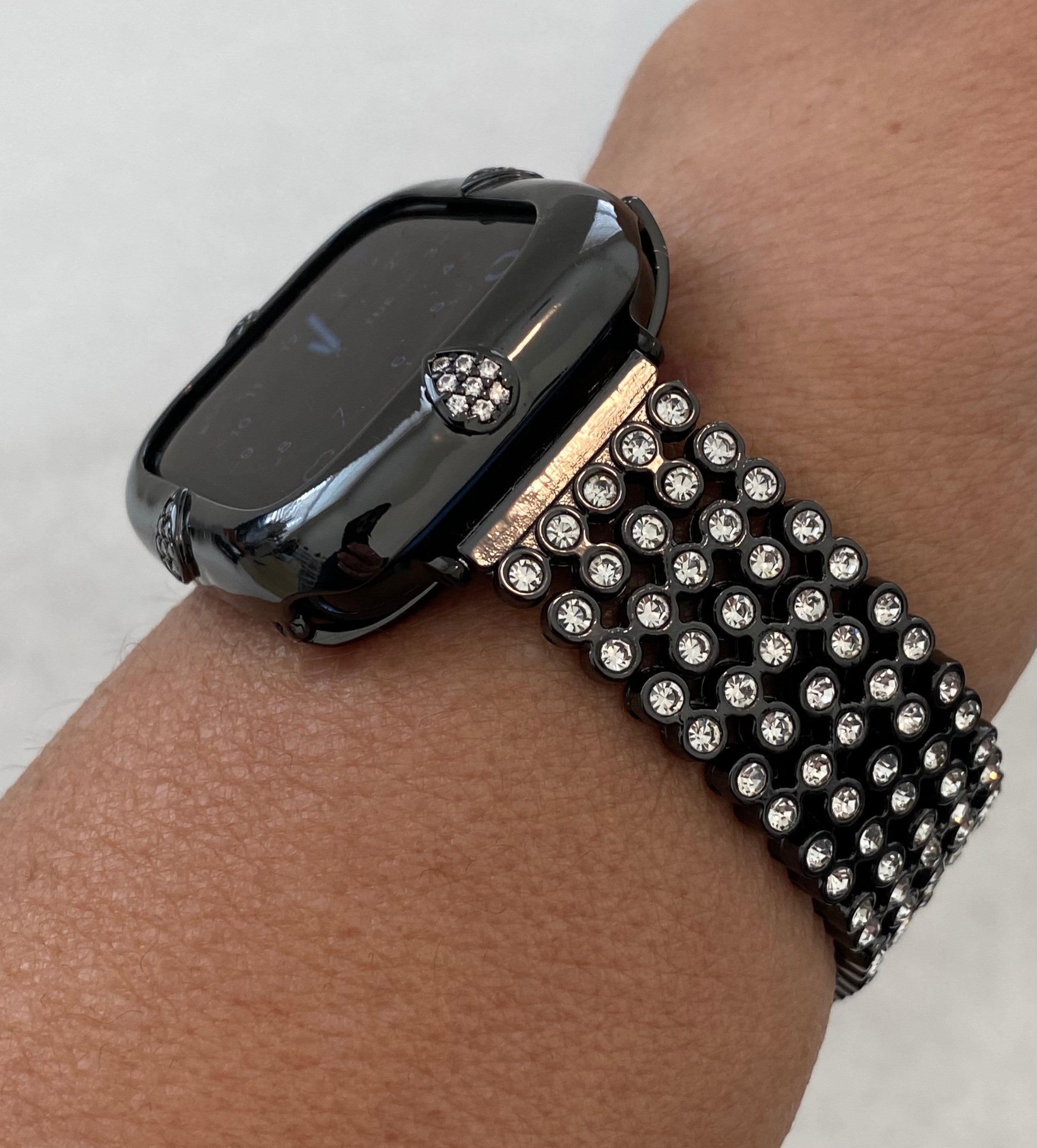 Black Apple Watch Band 38mm 40mm 42mm 44mm and or Apple Watch Cover Lab Diamond Bezel Bumper Case Iwatch Candy Bling Gift for her