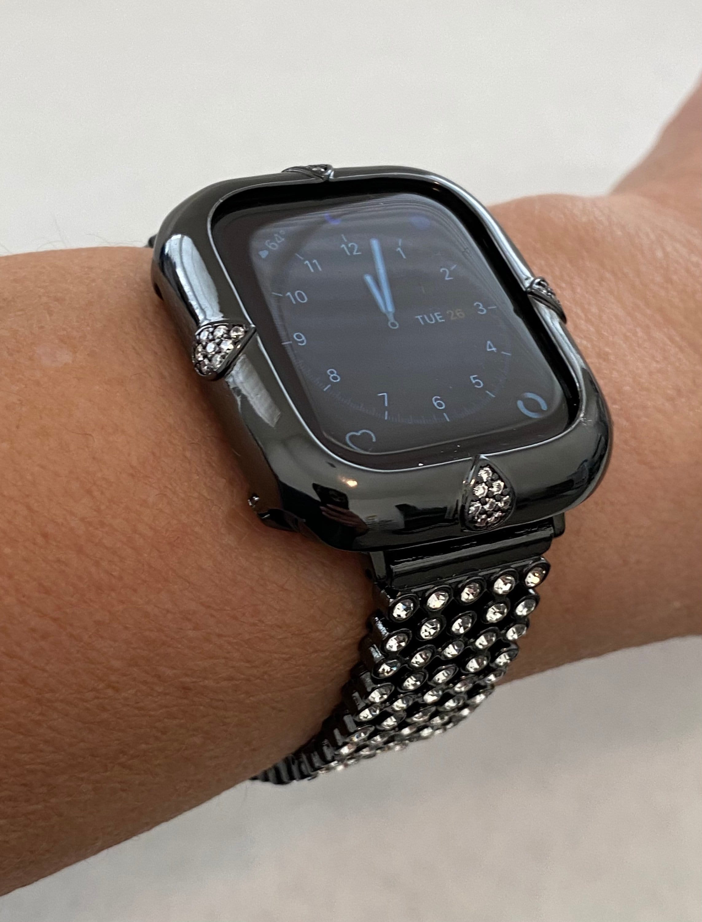 Black Apple Watch Band 38mm 40mm 42mm 44mm and or Apple Watch Cover Lab Diamond Bezel Bumper Case Iwatch Candy Bling Gift for her