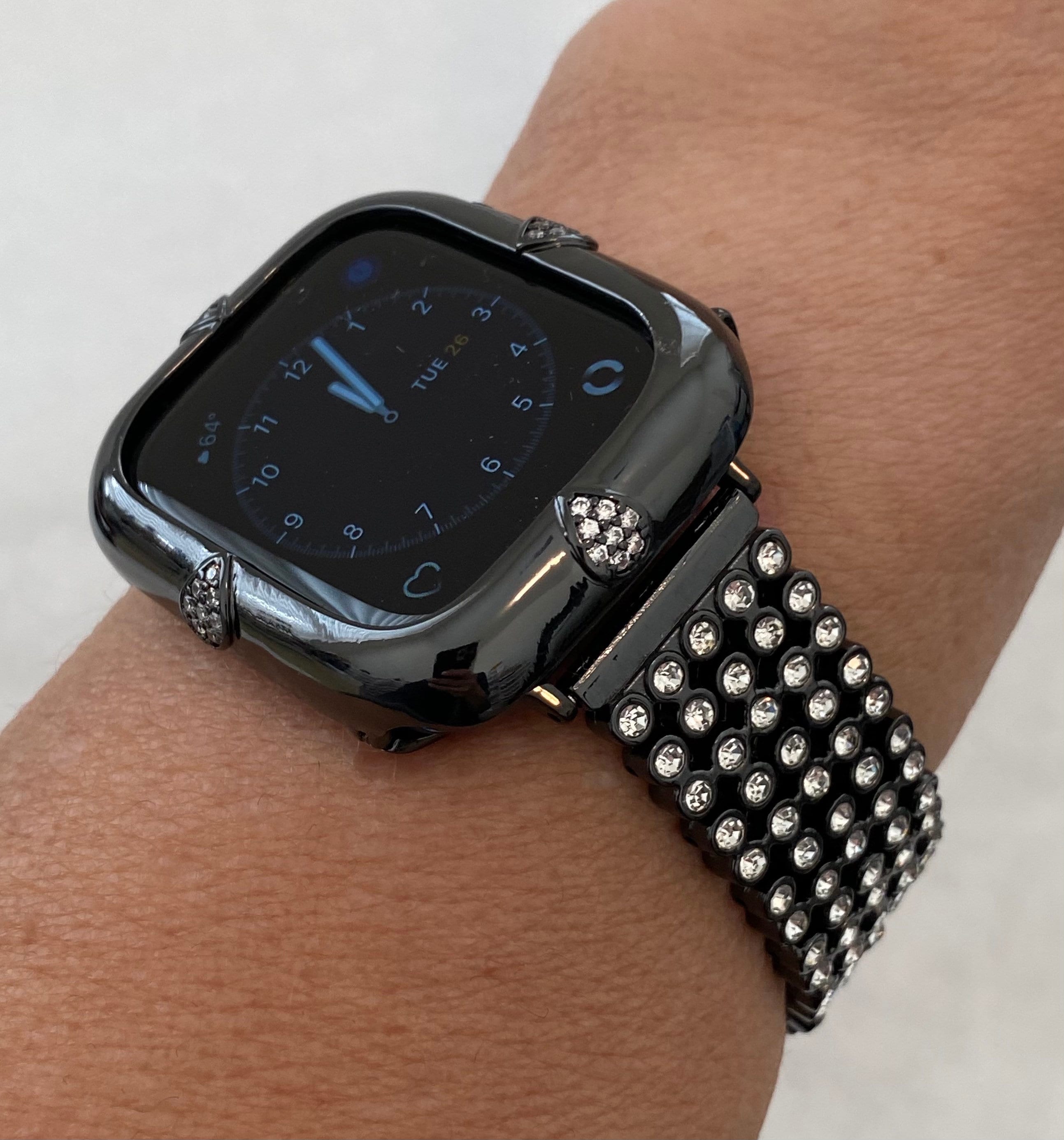 Black Apple Watch Band 38mm 40mm 42mm 44mm and or Apple Watch Cover Lab Diamond Bezel Bumper Case Iwatch Candy Bling Gift for her