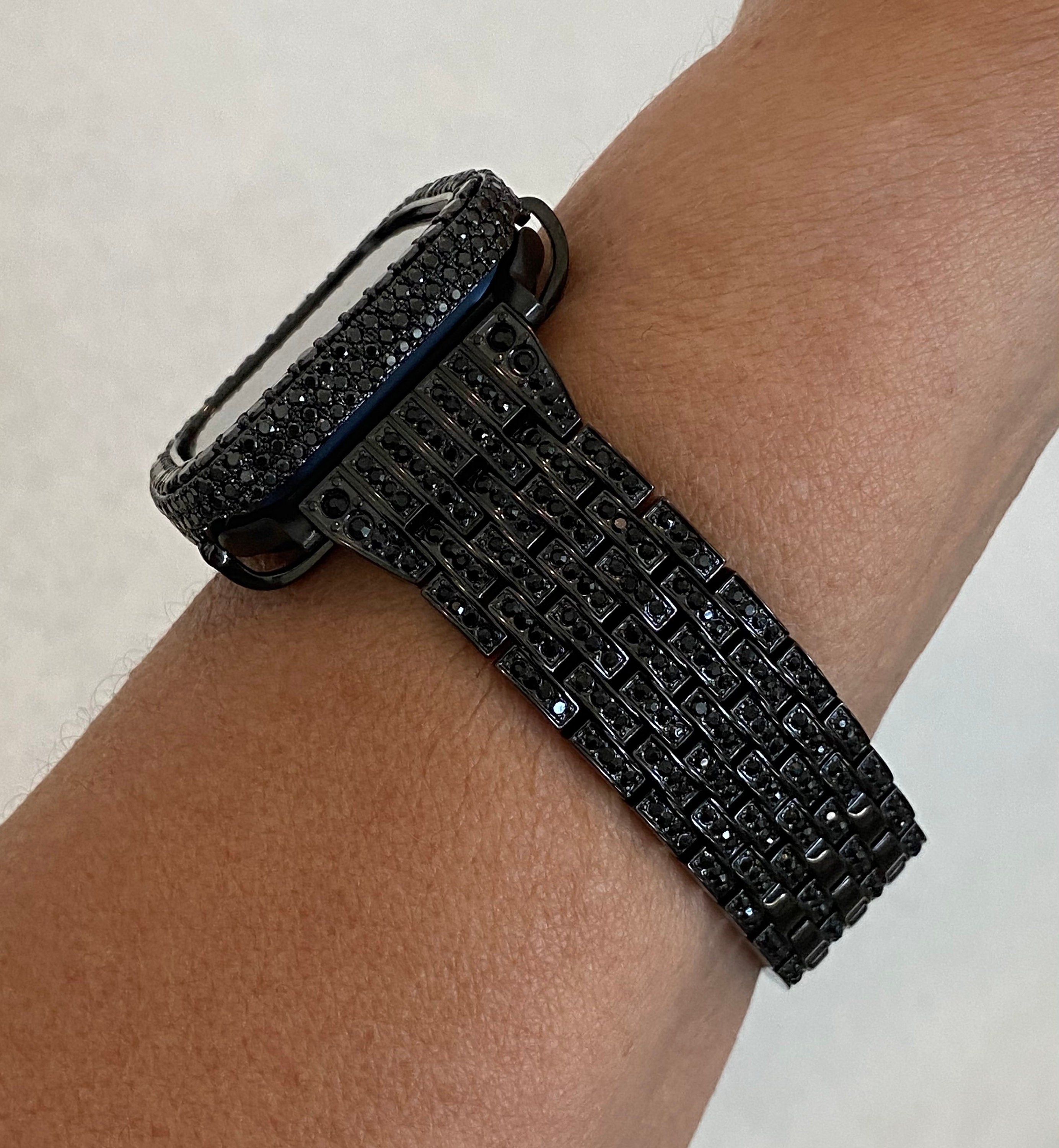 Black on Black Apple Watch Band Stainless Steel Swarovski Crystal & or Apple Watch Cover Lab Diamond Bezel 38mm-49mm Ultra Series 2-11