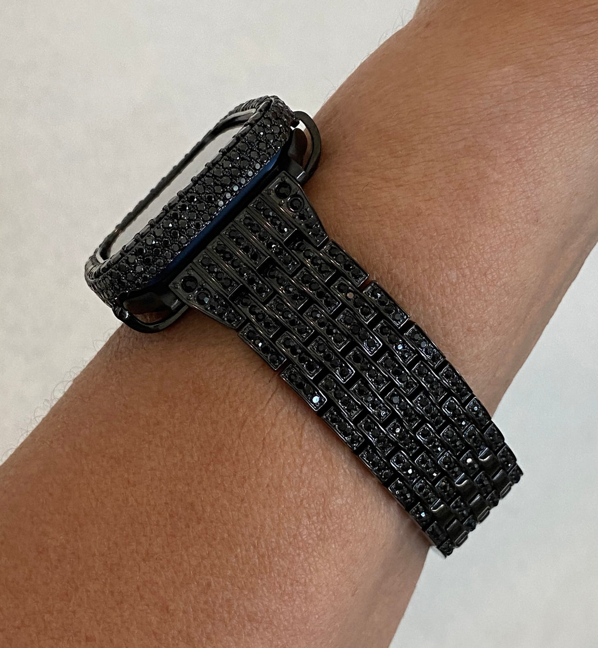 Black on Black Apple Watch Band Stainless Steel High End Crystal & or Apple Watch Cover Lab Diamond Bezel 38mm-49mm Ultra Series 2-11