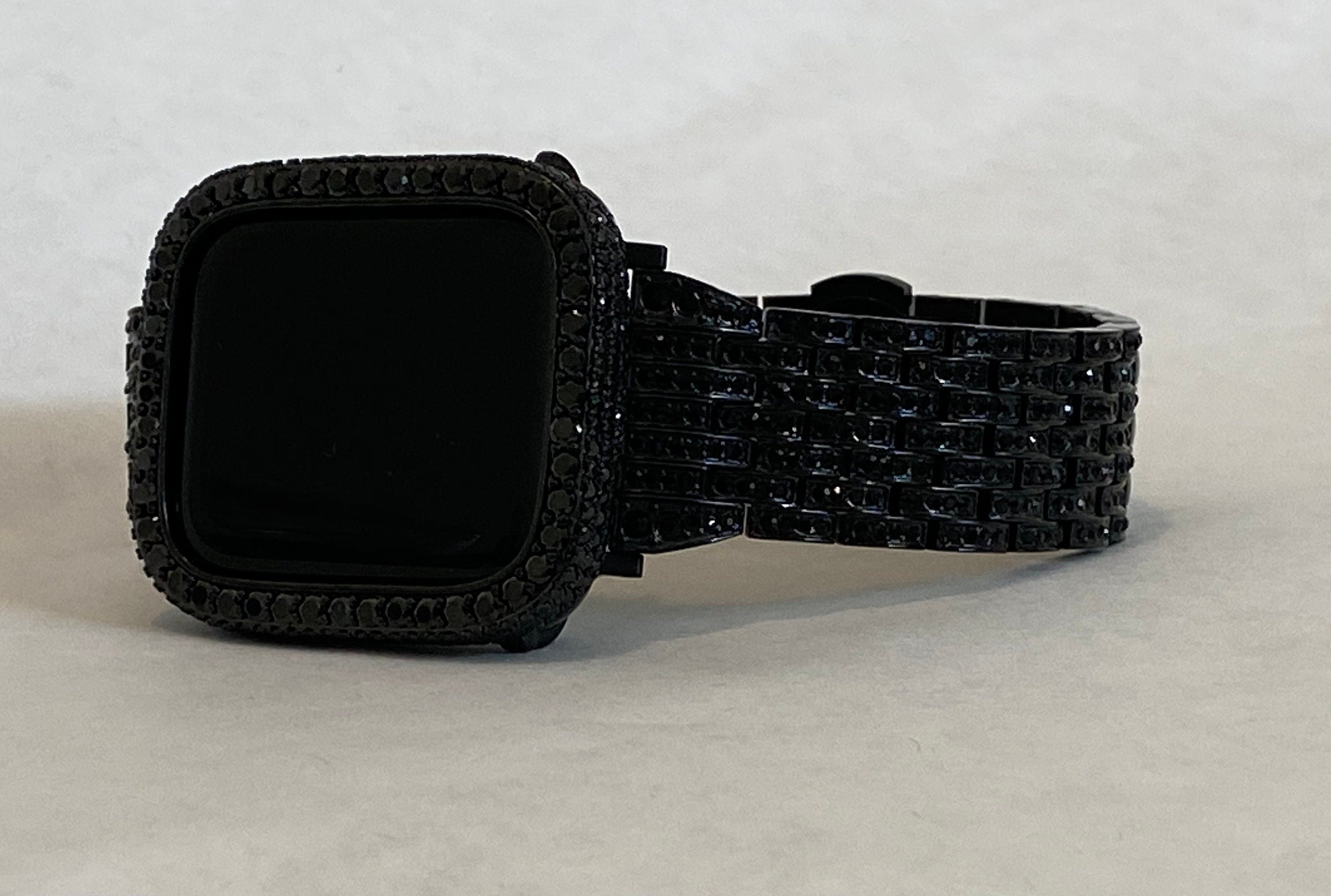 Black on Black Apple Watch Band Stainless Steel Swarovski Crystal & or Apple Watch Cover Lab Diamond Bezel 38mm-49mm Ultra Series 2-11