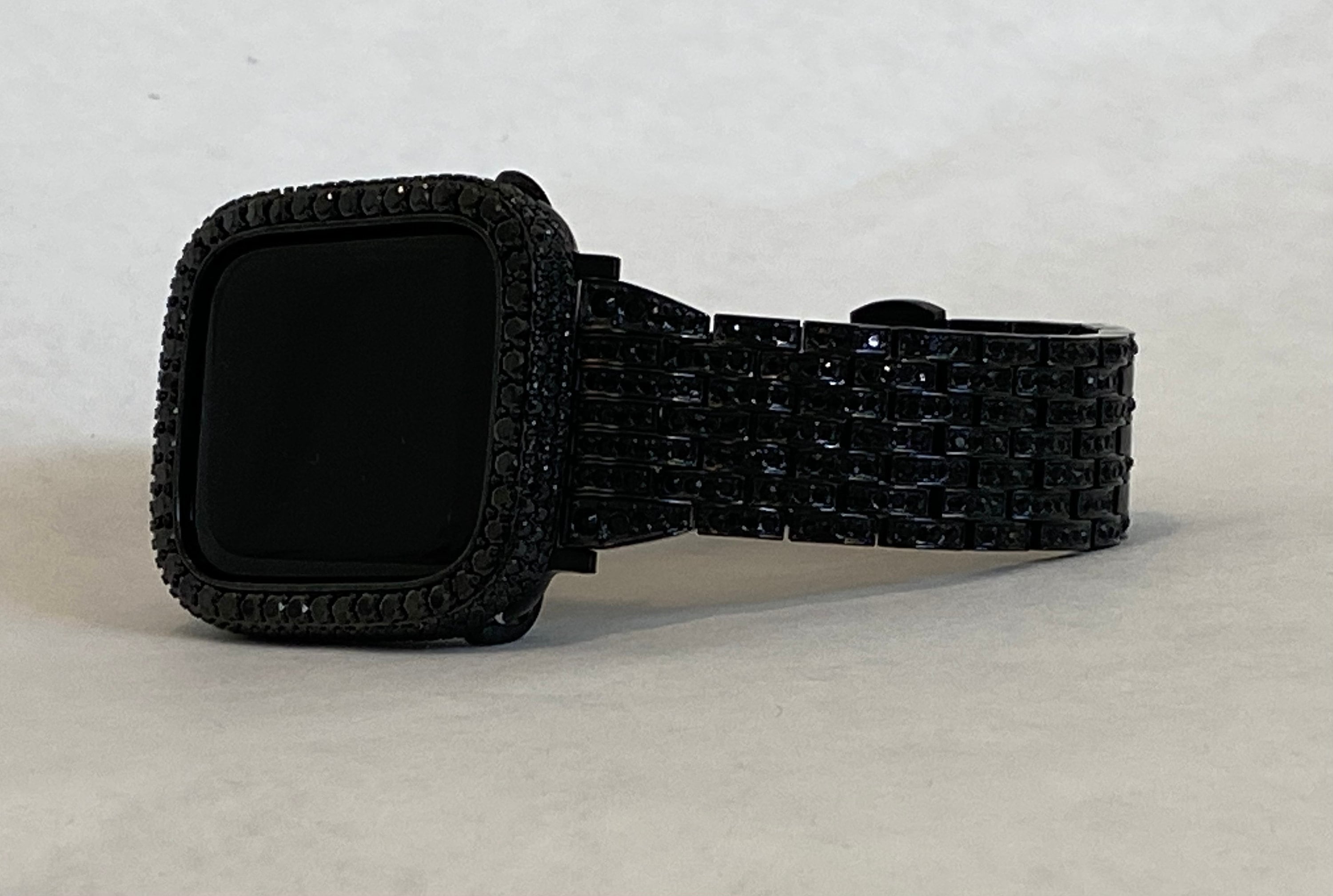 Black on Black Apple Watch Band Stainless Steel Swarovski Crystal & or Apple Watch Cover Lab Diamond Bezel 38mm-49mm Ultra Series 2-10