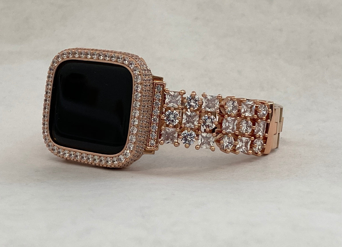 Apple Watch Band Women Rose Gold Swarovski Crystal 38mm-49mm Series 11 & or Apple Watch Cover Lab Diamond Apple Watch Bezel Bling
