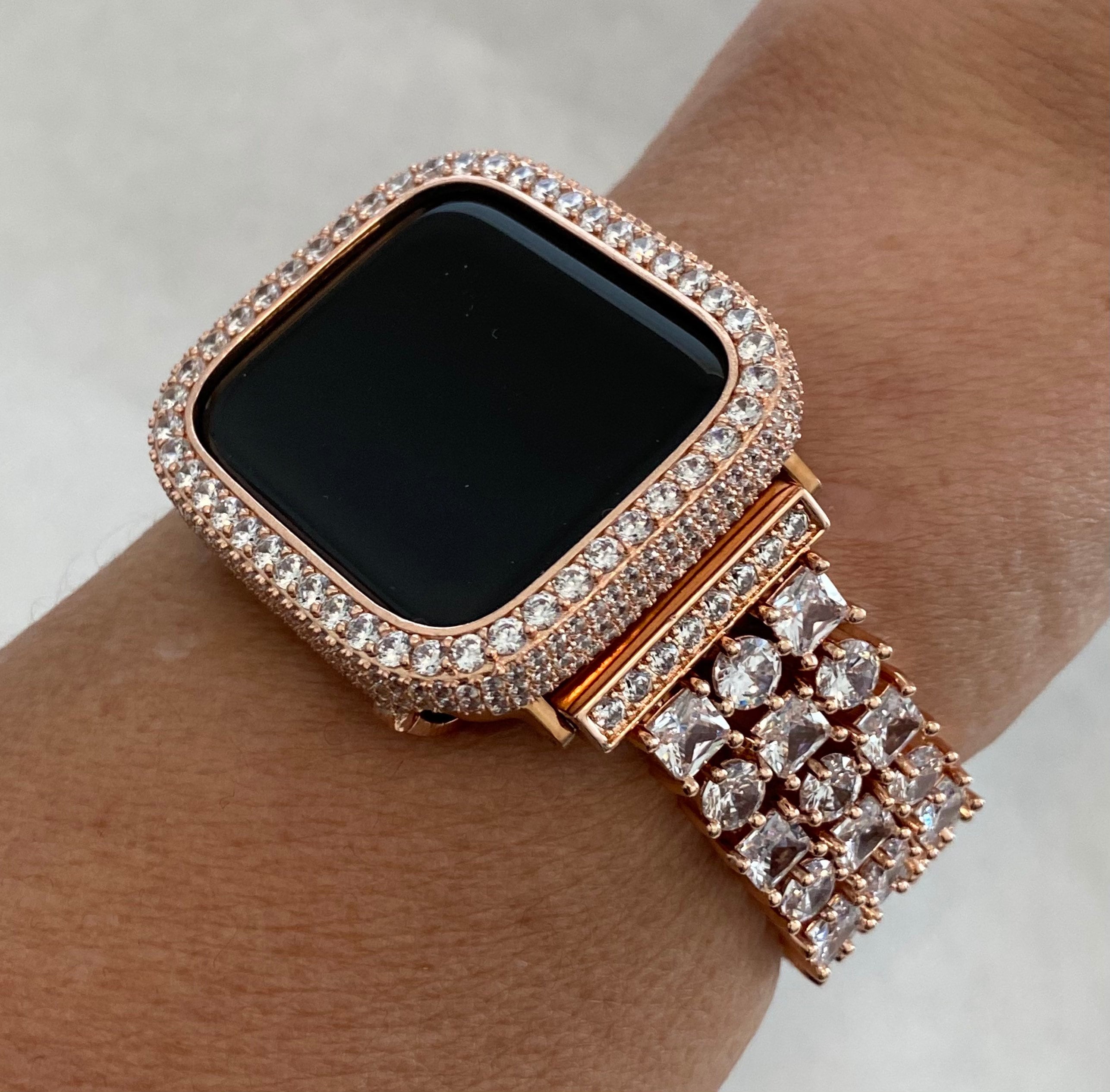 Apple Watch Band Women Rose Gold Swarovski Crystal 38mm-49mm Series 11 & or Apple Watch Cover Lab Diamond Apple Watch Bezel Bling