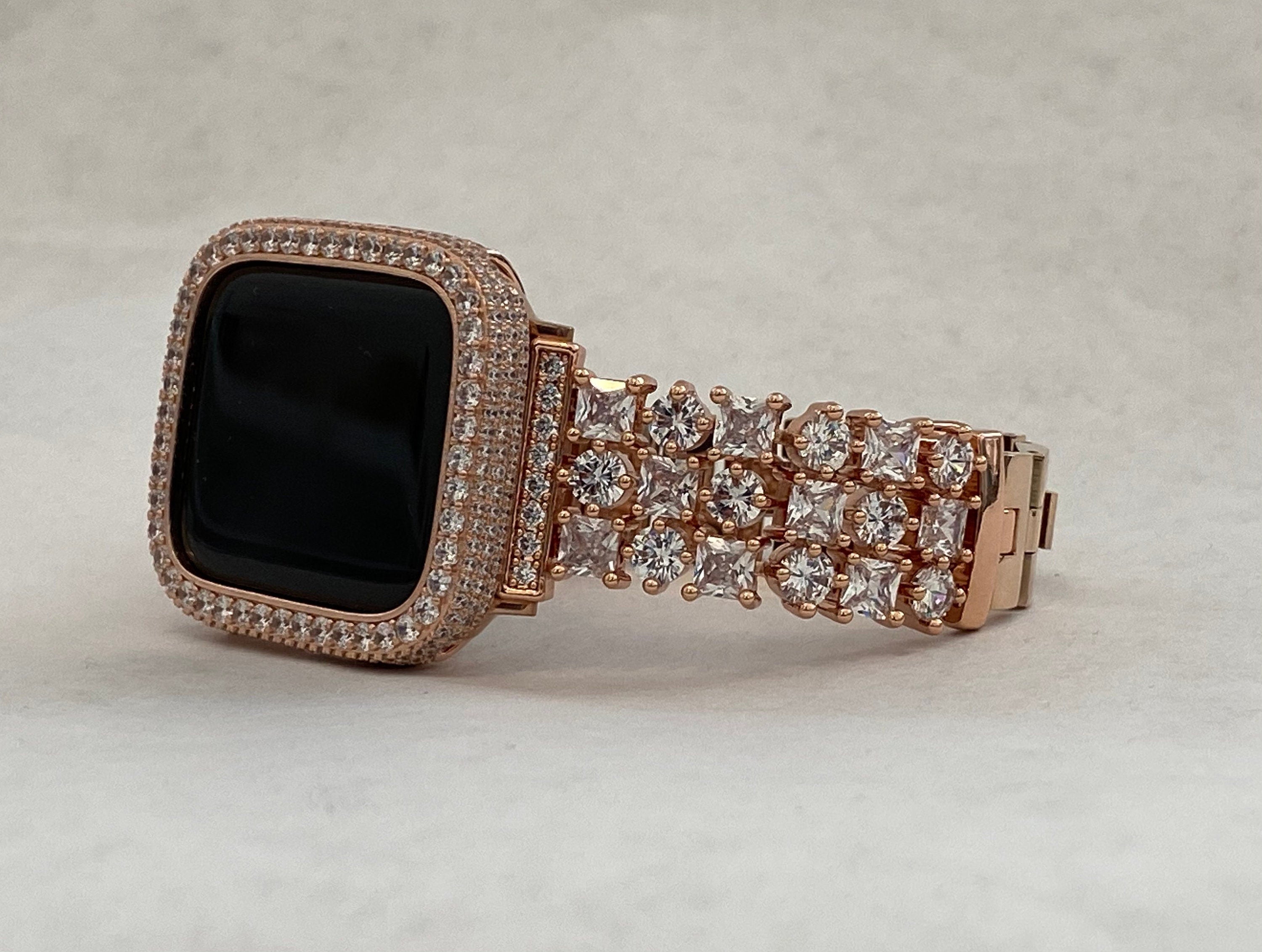 Apple Watch Band Women Rose Gold Swarovski Crystal 38mm-49mm Series 10 & or Apple Watch Cover Lab Diamond Apple Watch Bezel Bling