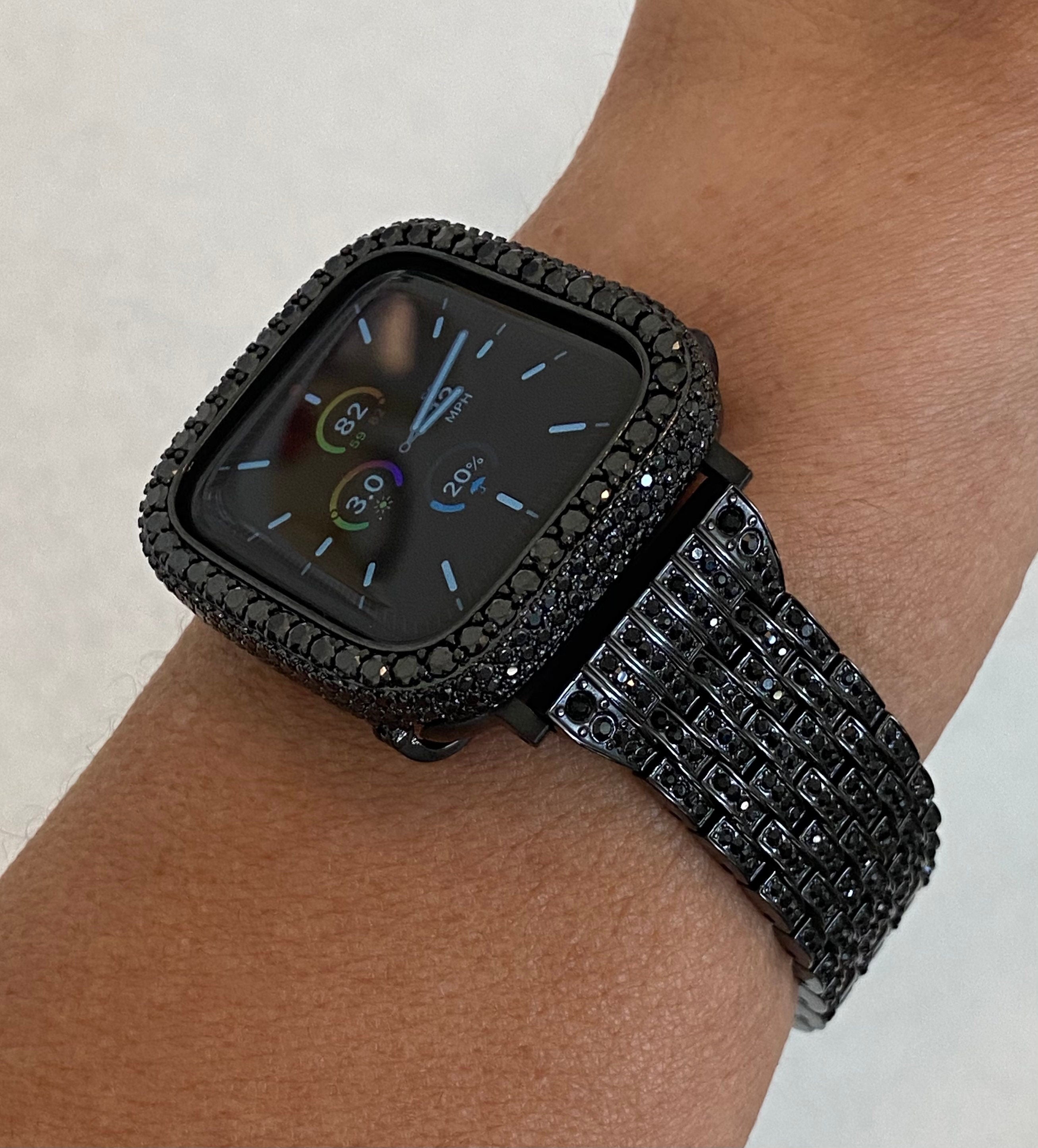Black on Black Apple Watch Band Stainless Steel High End Crystal & or Apple Watch Cover Lab Diamond Bezel 38mm-49mm Ultra Series 2-11