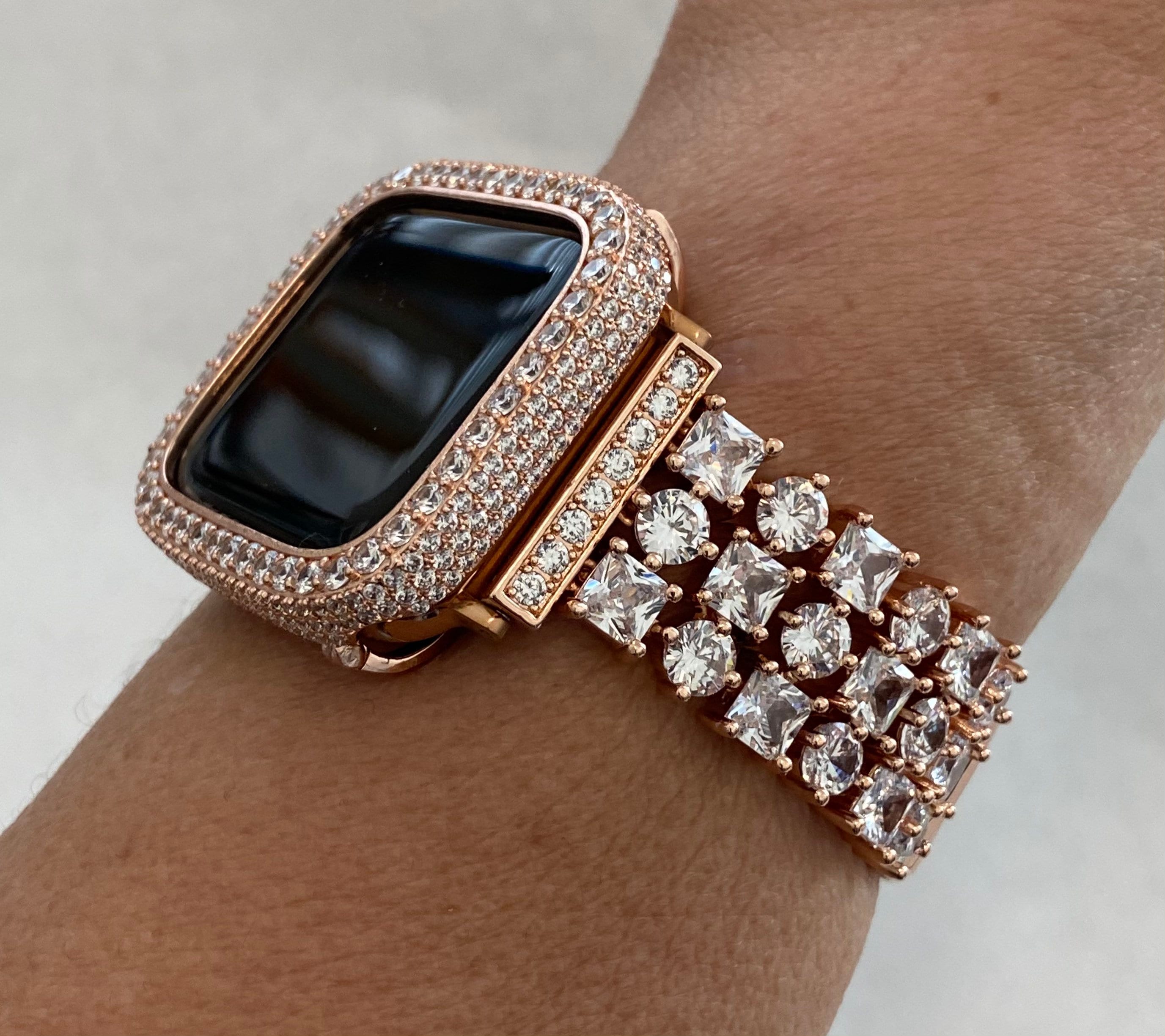 Apple Watch Band Women Rose Gold Swarovski Crystal 38mm-49mm Series 10 & or Apple Watch Cover Lab Diamond Apple Watch Bezel Bling