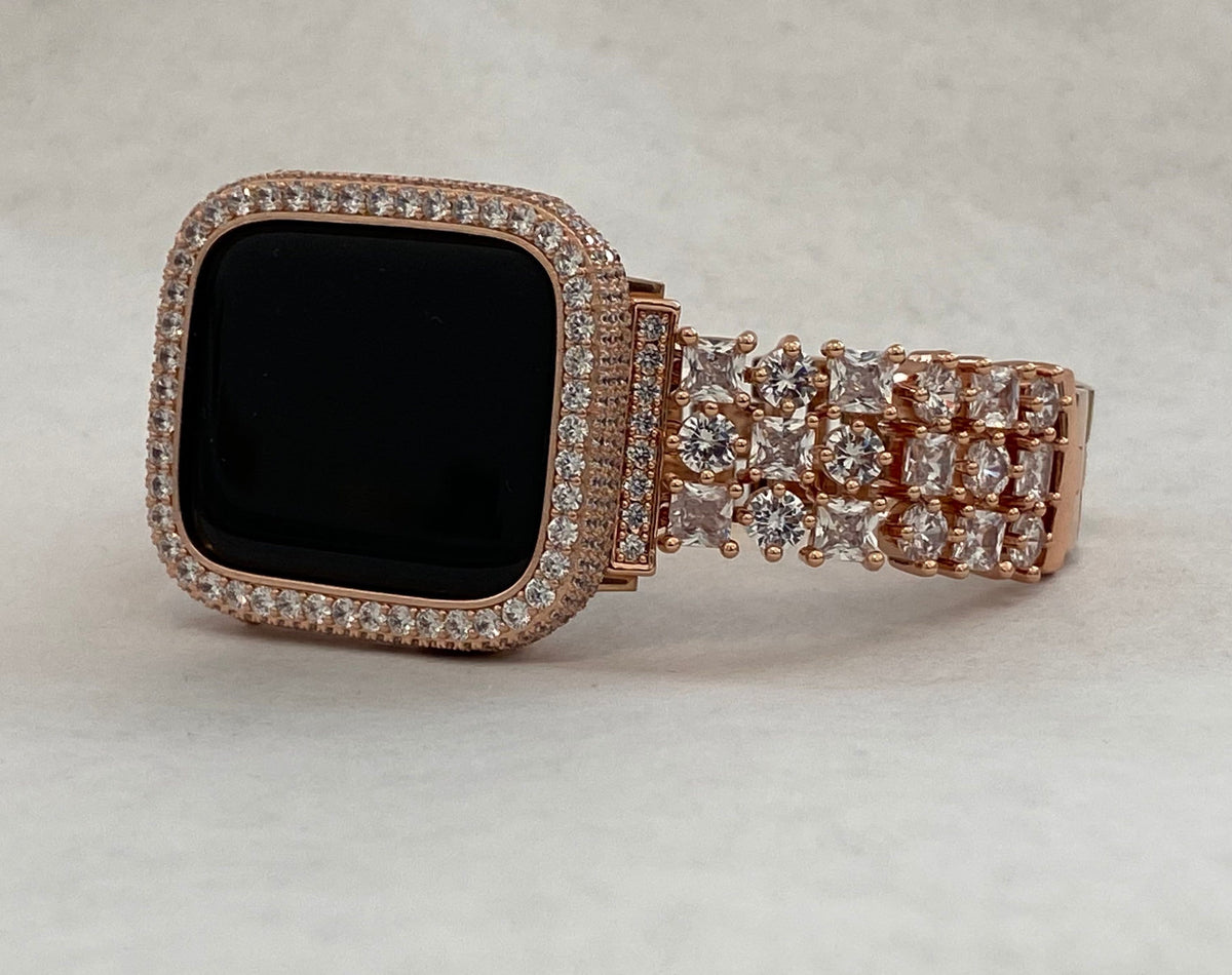 Apple Watch Band Women Rose Gold Swarovski Crystal 38mm-49mm Series 11 & or Apple Watch Cover Lab Diamond Apple Watch Bezel Bling