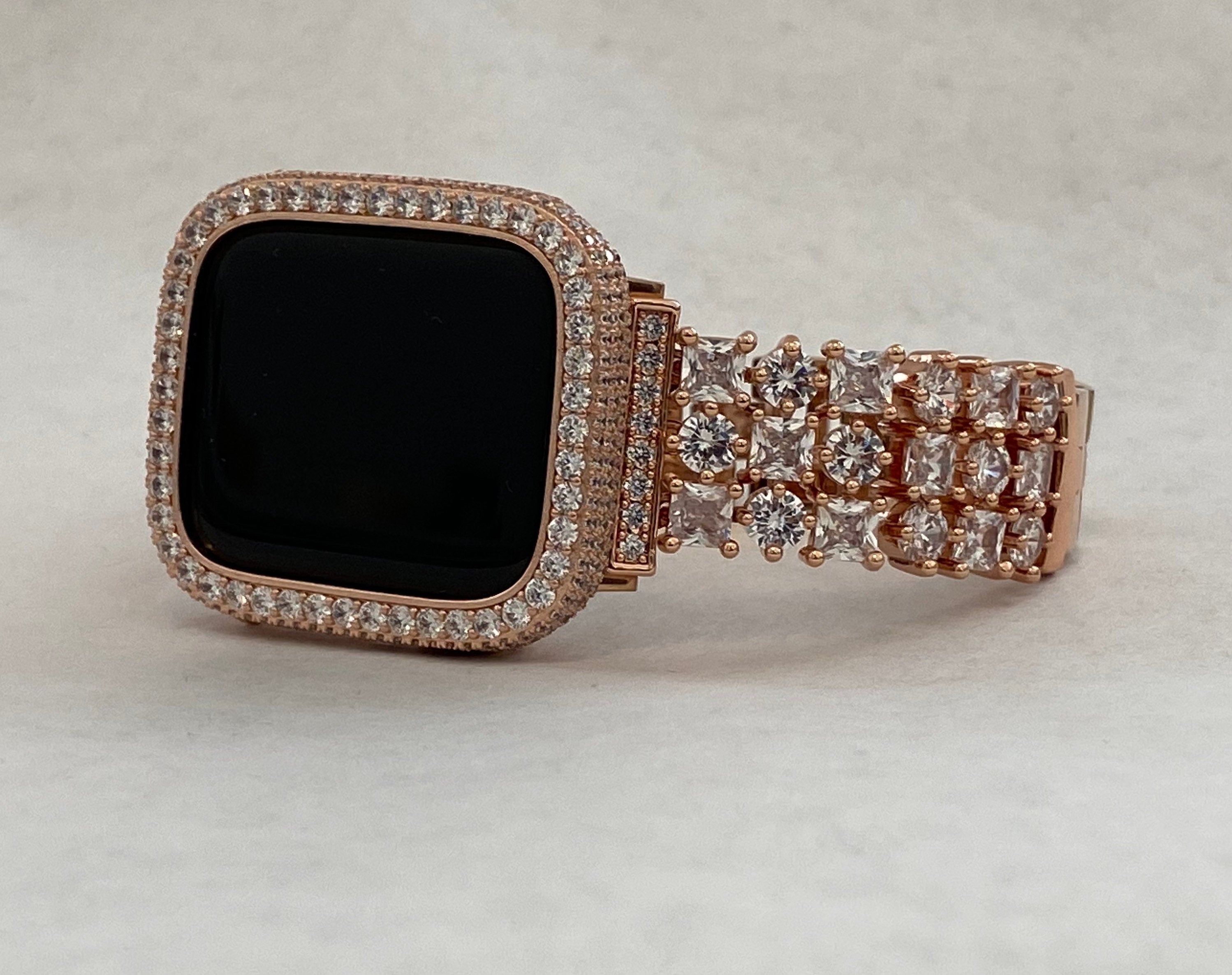 Apple Watch Band Women Rose Gold Swarovski Crystal 38mm-49mm Series 10 & or Apple Watch Cover Lab Diamond Apple Watch Bezel Bling