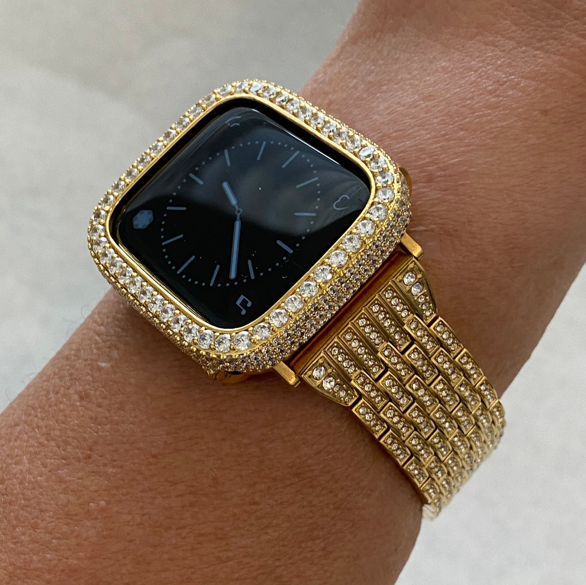 Custom Gold Apple Watch Band Womens Mens Style with Swarovski Crystals in stainless steel & or Apple Watch Cover Lab Diamond Bezel Case Smartwatch Bling 38mm-49mm Ultra Iwatch Candy Bling 49mm Ultra 38mm-45mm Series 2-8