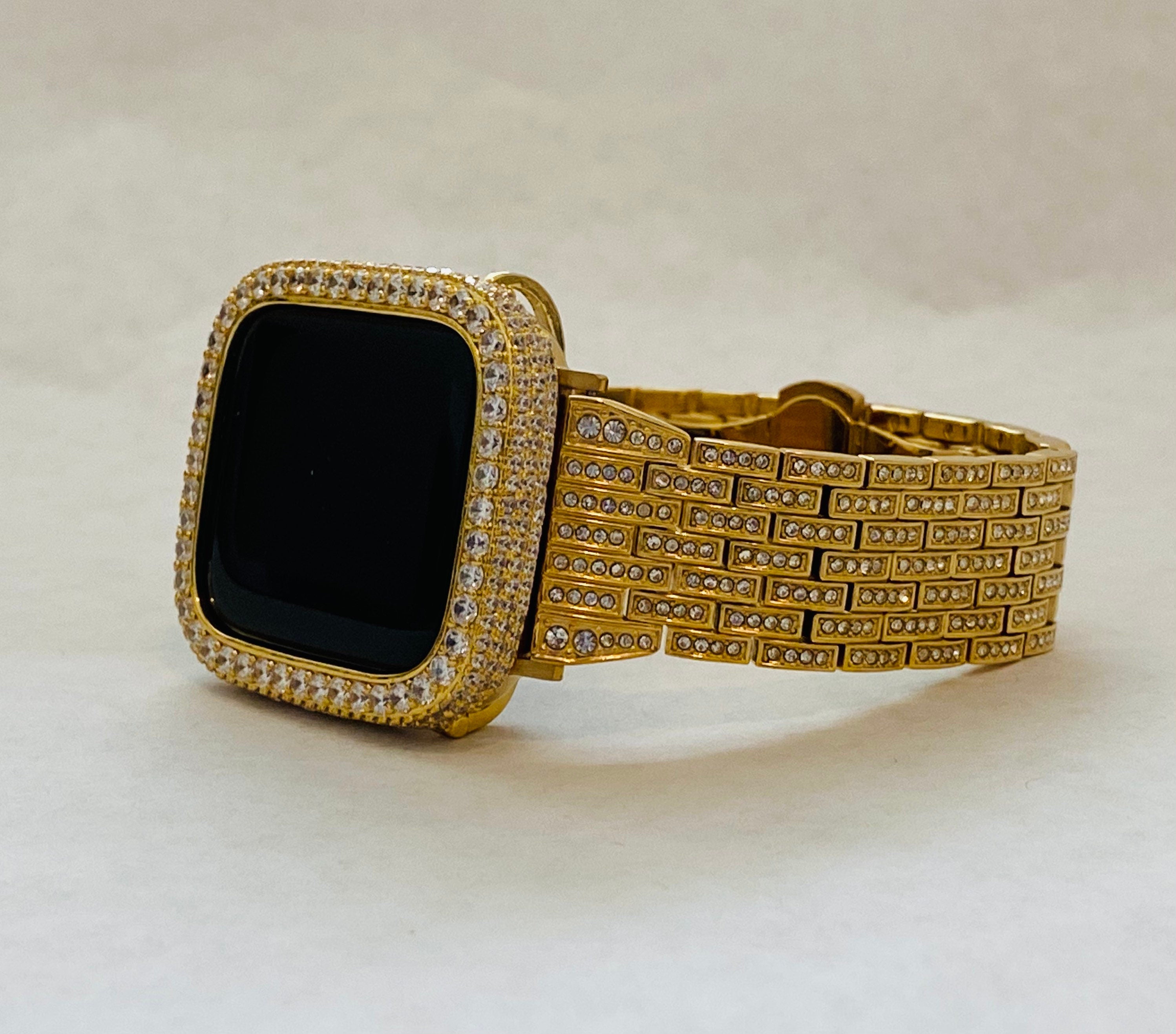 Series 10 Gold Apple Watch Band Stainless Steel Swarovski Crystal & or Apple Watch Cover Lab Diamond Bezel Case Iwatch Bling 38mm-49mm Ultra