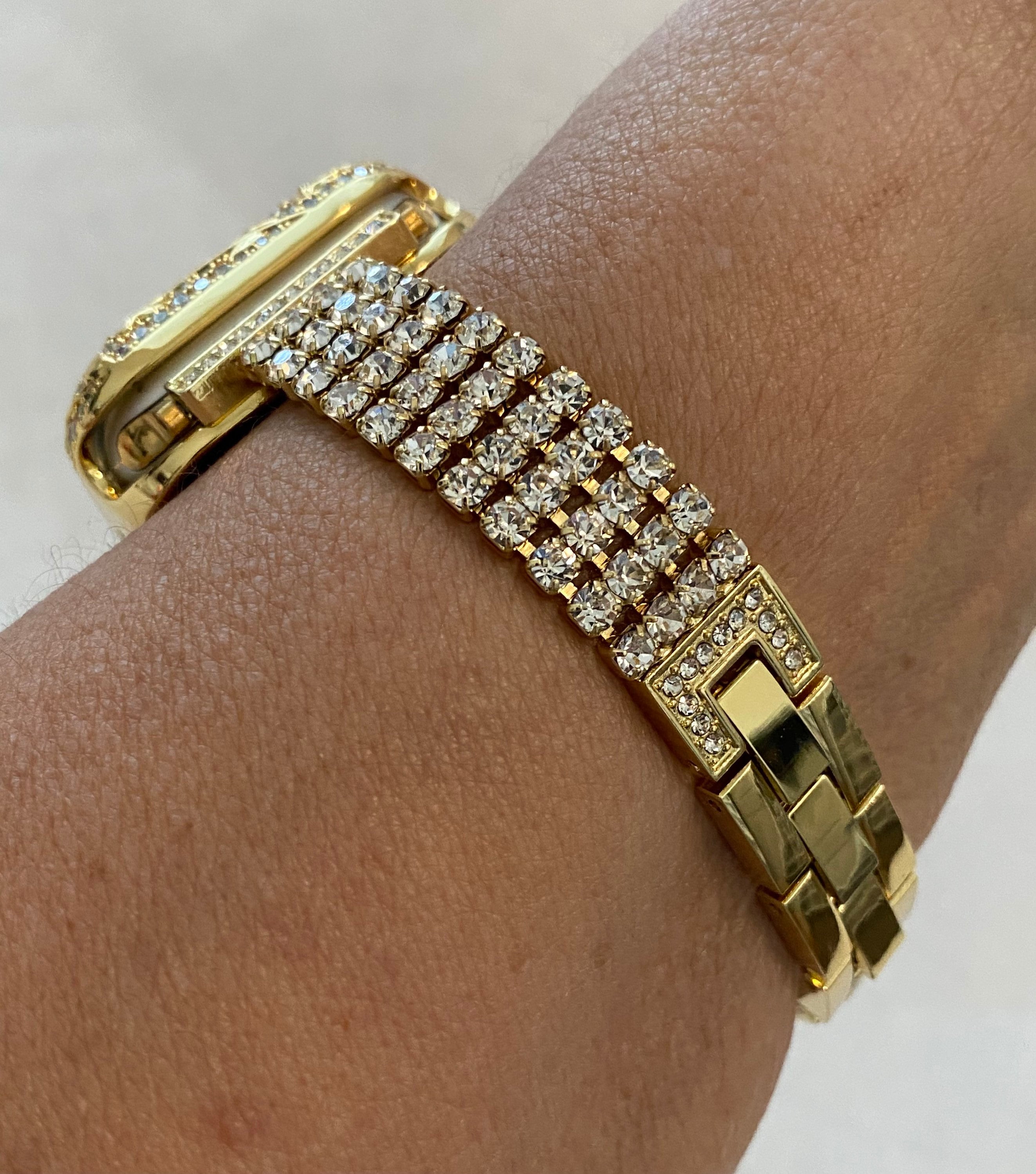 Bling Apple Watch Band Womens Gold Swarovski Crystals & or Apple Watch Case Lab Diamond Bezel Cover 38mm 40mm 42mm 44mm Iwatch Candy
