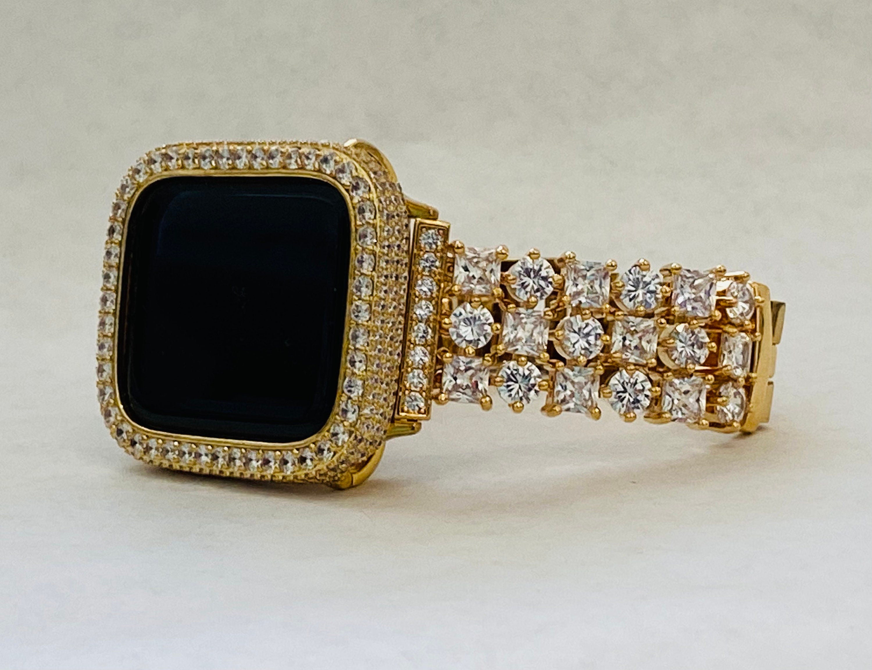 Apple Watch Band Gold Swarovski Crystals & or Apple Watch Cover Lab Diamond Bezel Apple Watch Case Smartwatch Bumper 38mm-49mm Ultra Bling