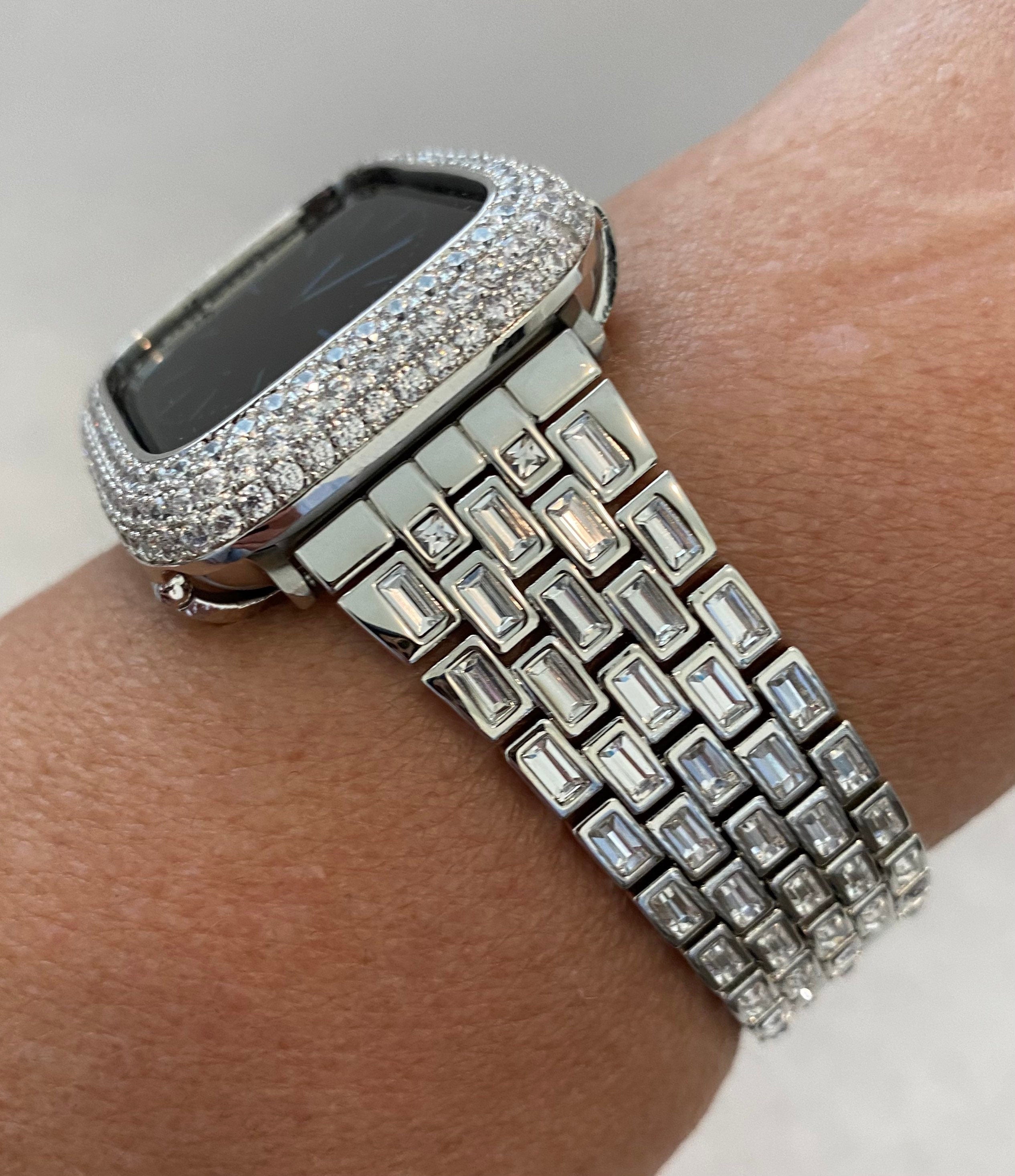 Silver Apple Watch Band Swarovski Crystal Baguettes & or Apple Watch Cover Lab Diamond Bezel Case Smartwatch Bumper 38mm-49mm Ultra