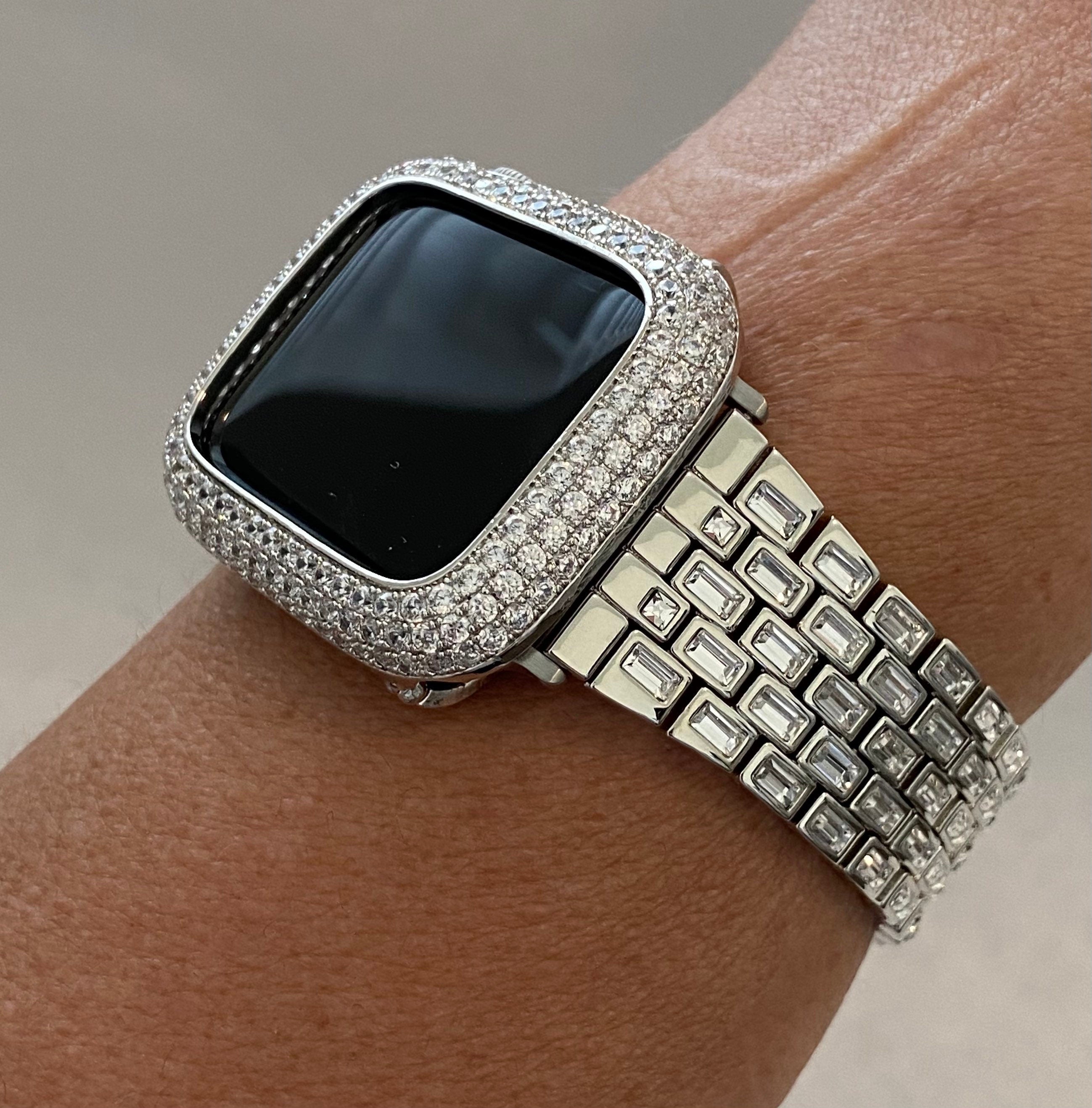 Silver Apple Watch Band Swarovski Crystal Baguettes & or Apple Watch Cover Lab Diamond Bezel Case Smartwatch Bumper 38mm-49mm Ultra