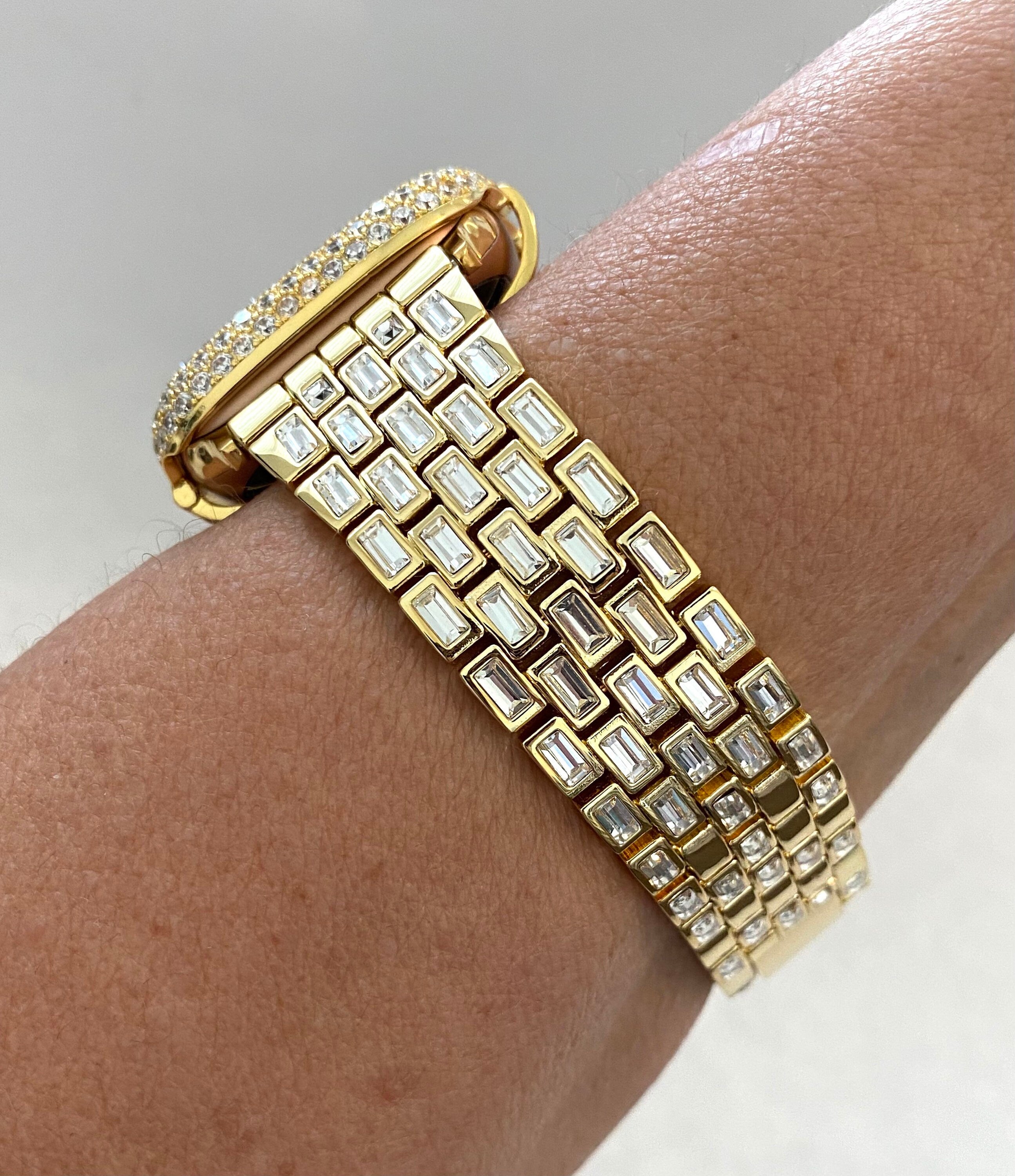Gold Apple Watch Band Swarovski Crystal Baguettes & or Apple Watch Cover Lab Diamond Bezel Protective Iphone Case 38mm-49mm Ultra Iwatch