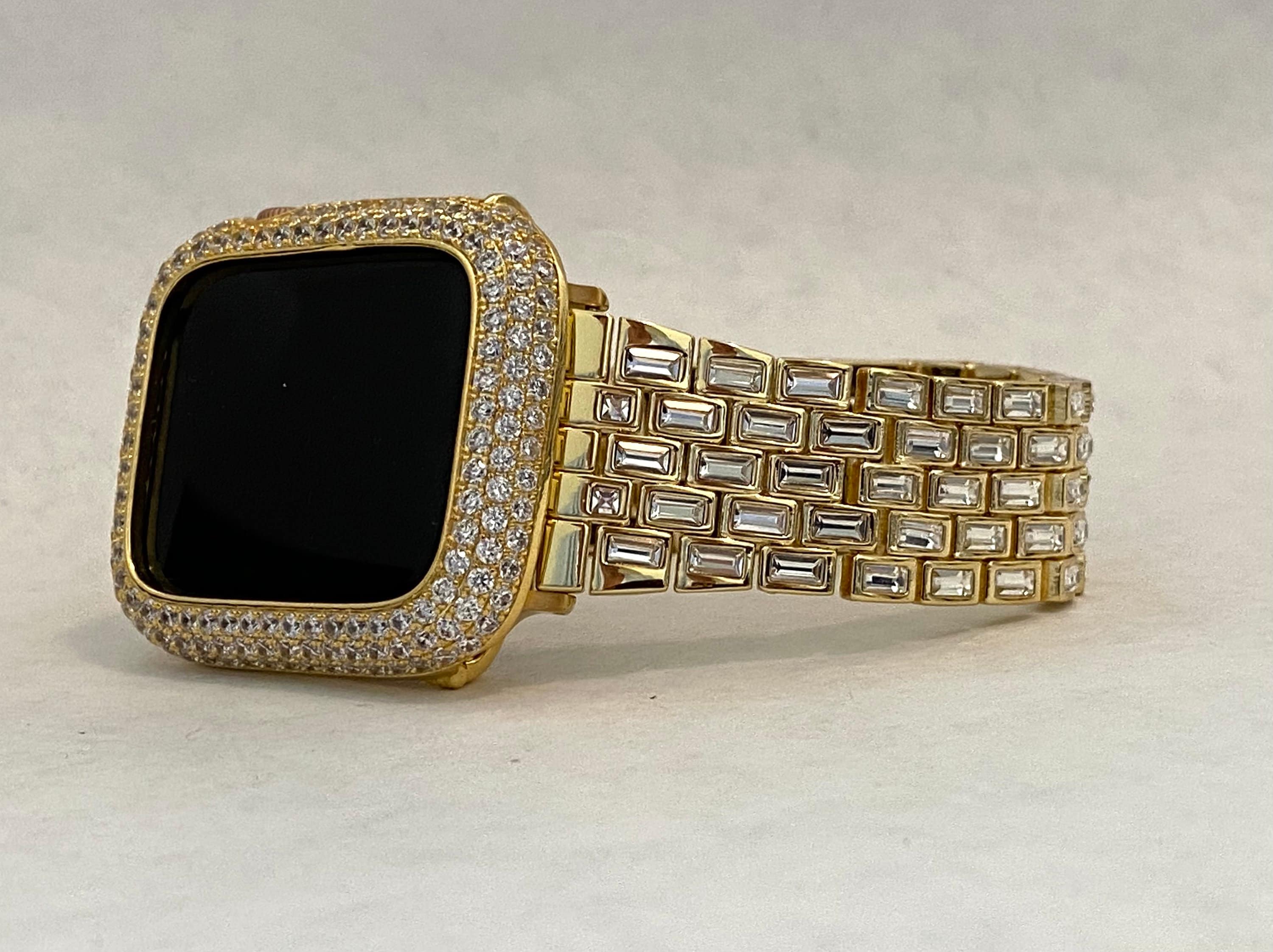 Gold Apple Watch Band Swarovski Crystal Baguettes & or Apple Watch Cover Lab Diamond Bezel Protective Iphone Case 38mm-49mm Ultra Iwatch