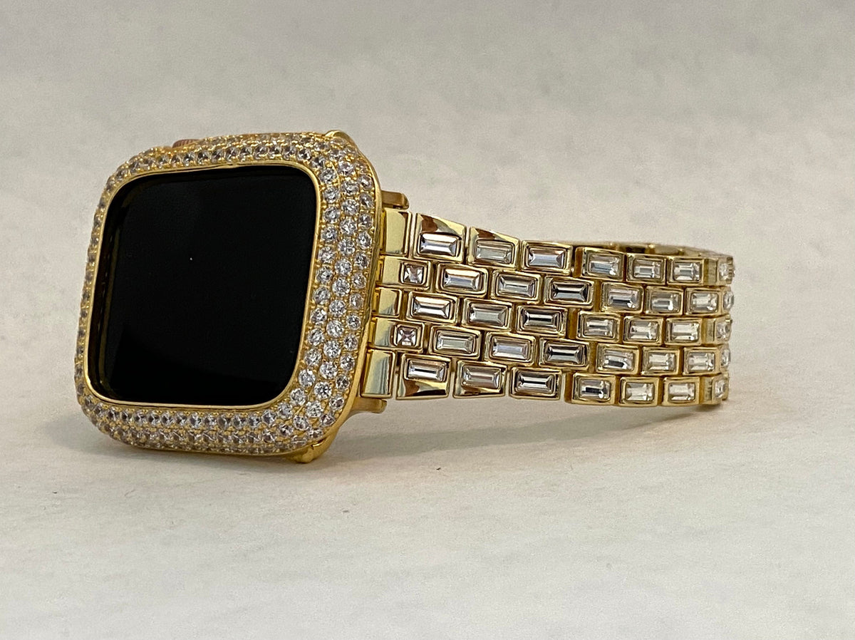 Gold Apple Watch Band Swarovski Crystal Baguettes & or Apple Watch Cover Lab Diamond Bezel Protective Iphone Case 38mm-49mm Ultra Iwatch