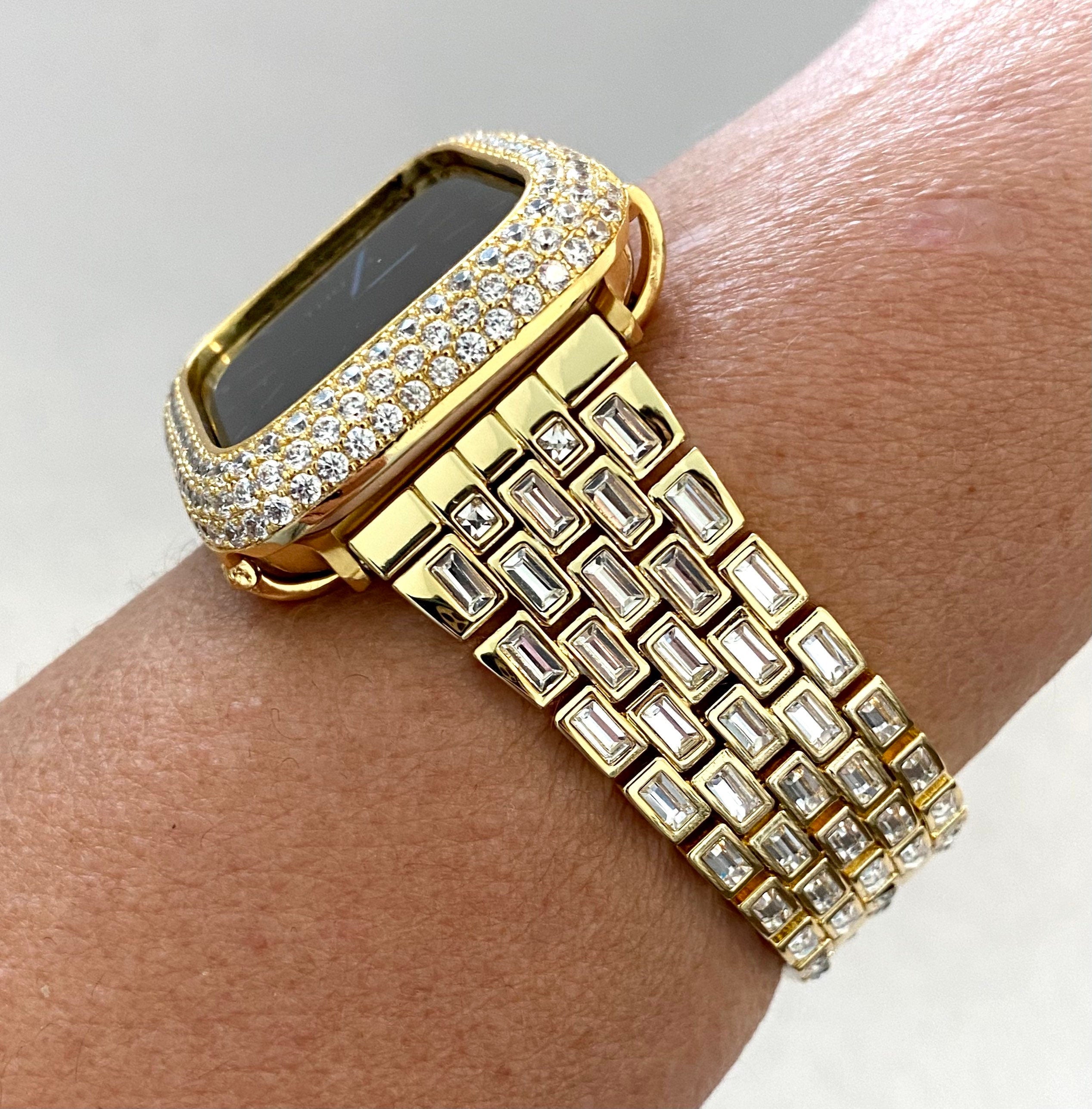 Gold Apple Watch Band Swarovski Crystal Baguettes & or Apple Watch Cover Lab Diamond Bezel Protective Iphone Case 38mm-49mm Ultra Iwatch