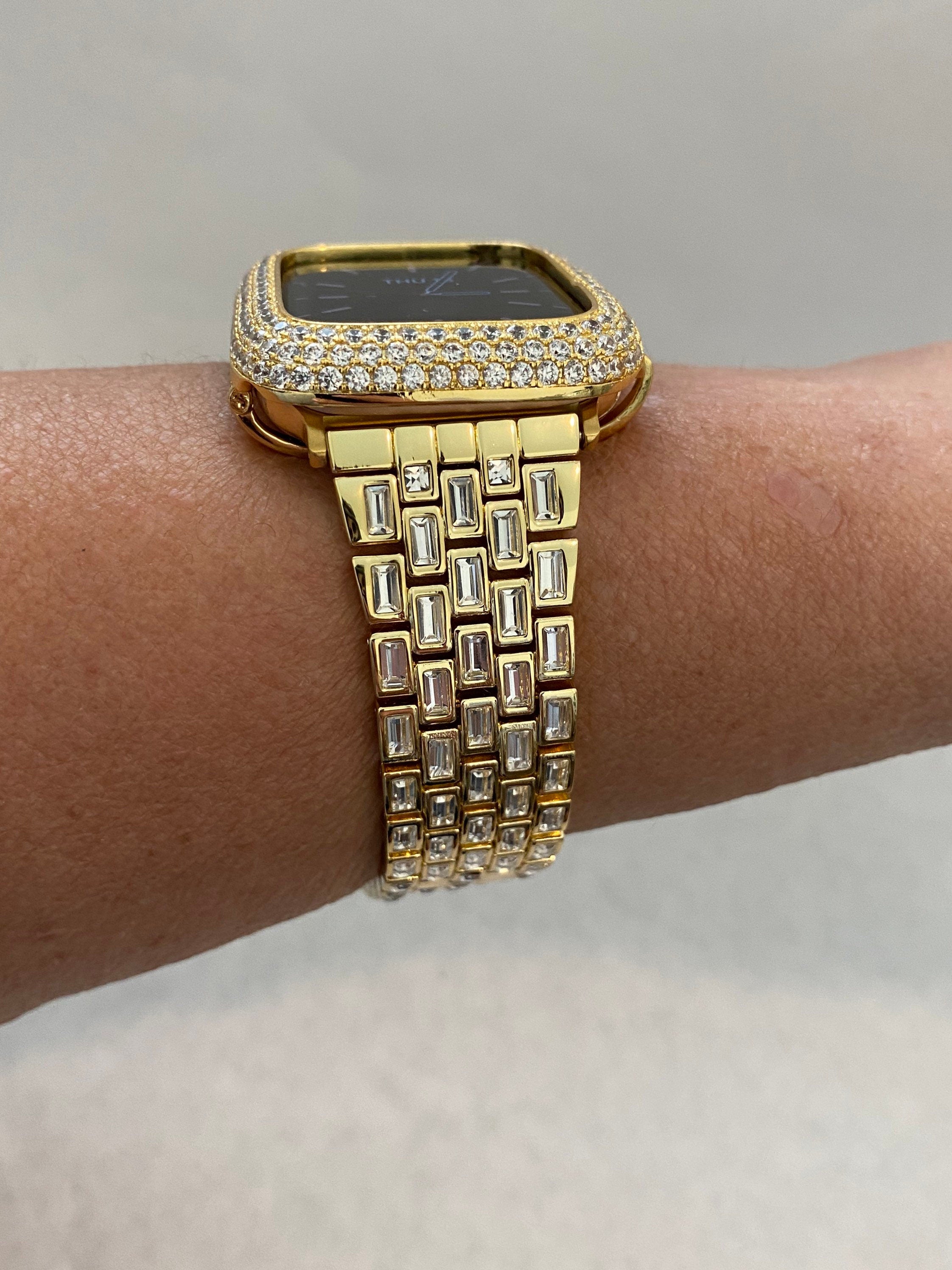 Gold Apple Watch Band Swarovski Crystal Baguettes & or Apple Watch Cover Lab Diamond Bezel Protective Iphone Case 38mm-49mm Ultra Iwatch