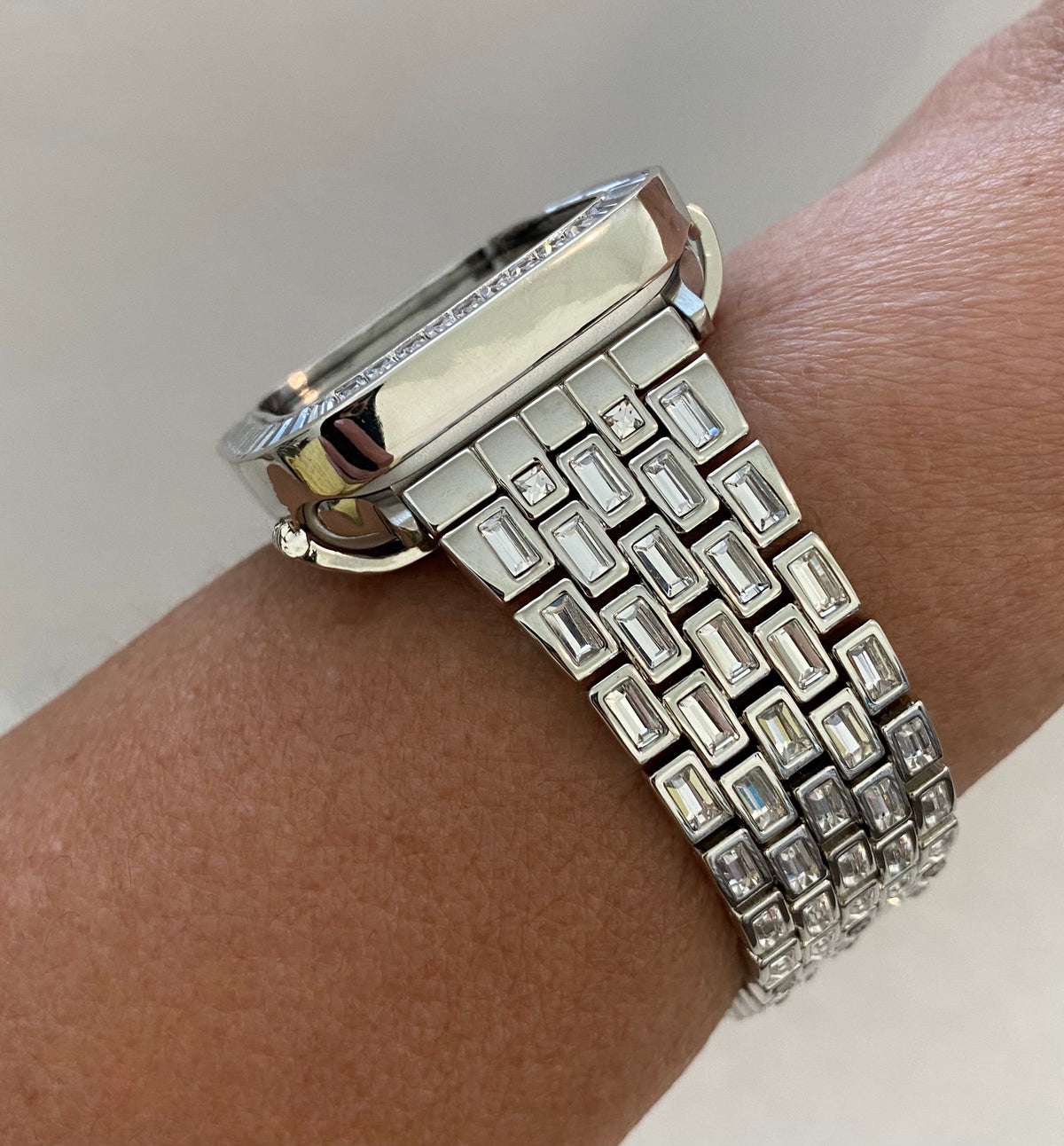 Custom Silver Apple Watch Band Swarovski Crystal Baguettes 38mm-46mm & or Apple Watch Case Baguette Lab Diamond Bezel Cover Gift