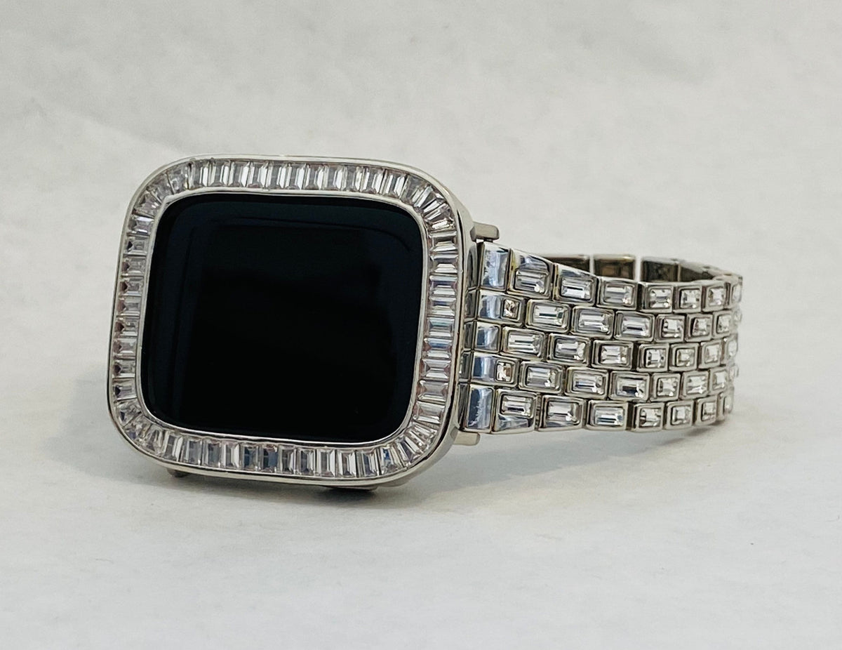 Custom Silver Apple Watch Band Swarovski Crystal Baguettes 38mm-46mm & or Apple Watch Case Baguette Lab Diamond Bezel Cover Gift