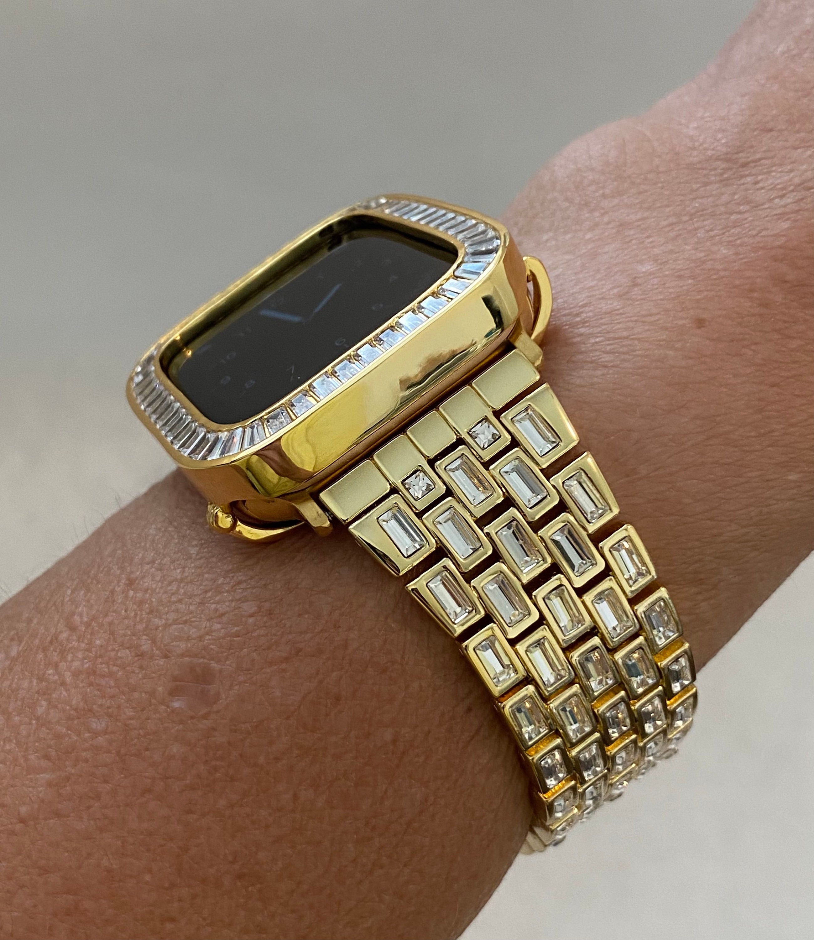 Gold Apple Watch Band Womens Swarovski Crystal Baguettes 38mm 40mm 41mm 42mm 44mm 45mm & or Apple Watch Cover Lab Diamonds Smartwatch Case
