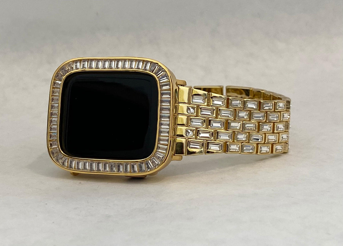 Gold Apple Watch Band Womens Swarovski Crystal Baguettes 38mm 40mm 41mm 42mm 44mm 45mm & or Apple Watch Cover Lab Diamonds Smartwatch Case