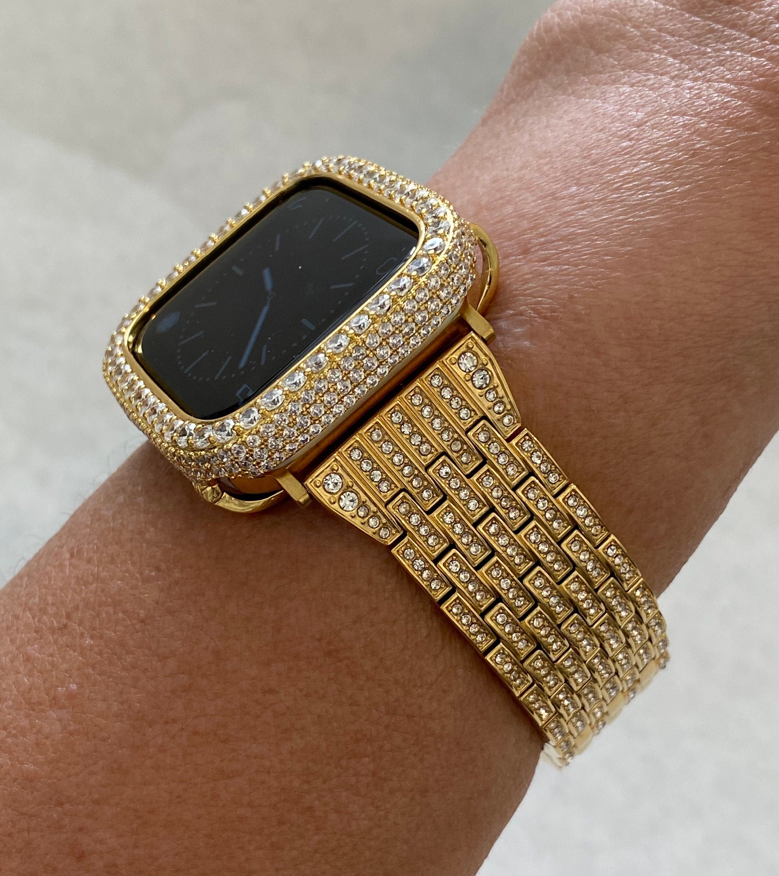 Series 10 Gold Apple Watch Band Stainless Steel Swarovski Crystal & or Apple Watch Cover Lab Diamond Bezel Case Iwatch Bling 38mm-49mm Ultra