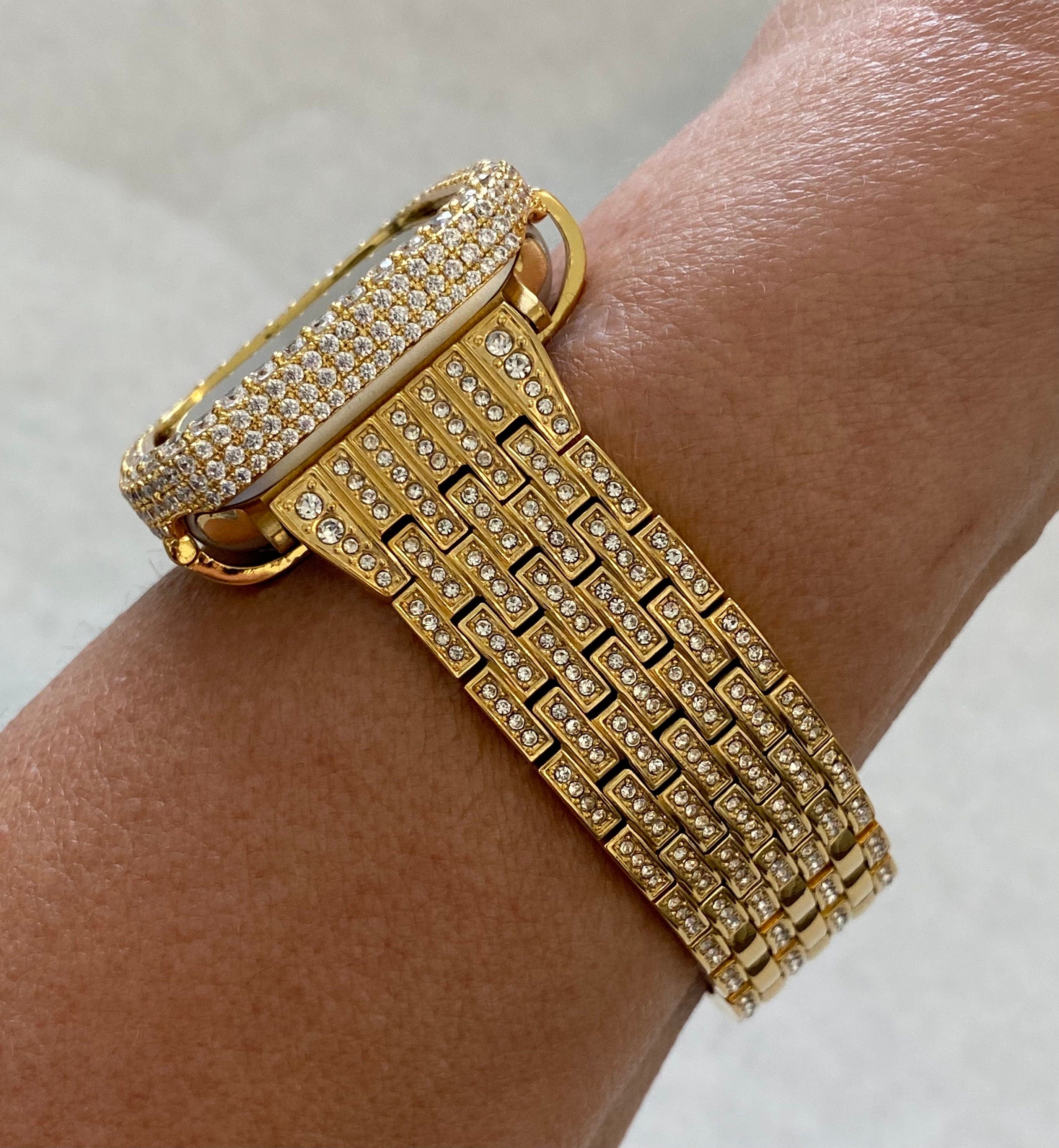Series 10 Gold Apple Watch Band Stainless Steel Swarovski Crystal & or Apple Watch Cover Lab Diamond Bezel Case Iwatch Bling 38mm-49mm Ultra
