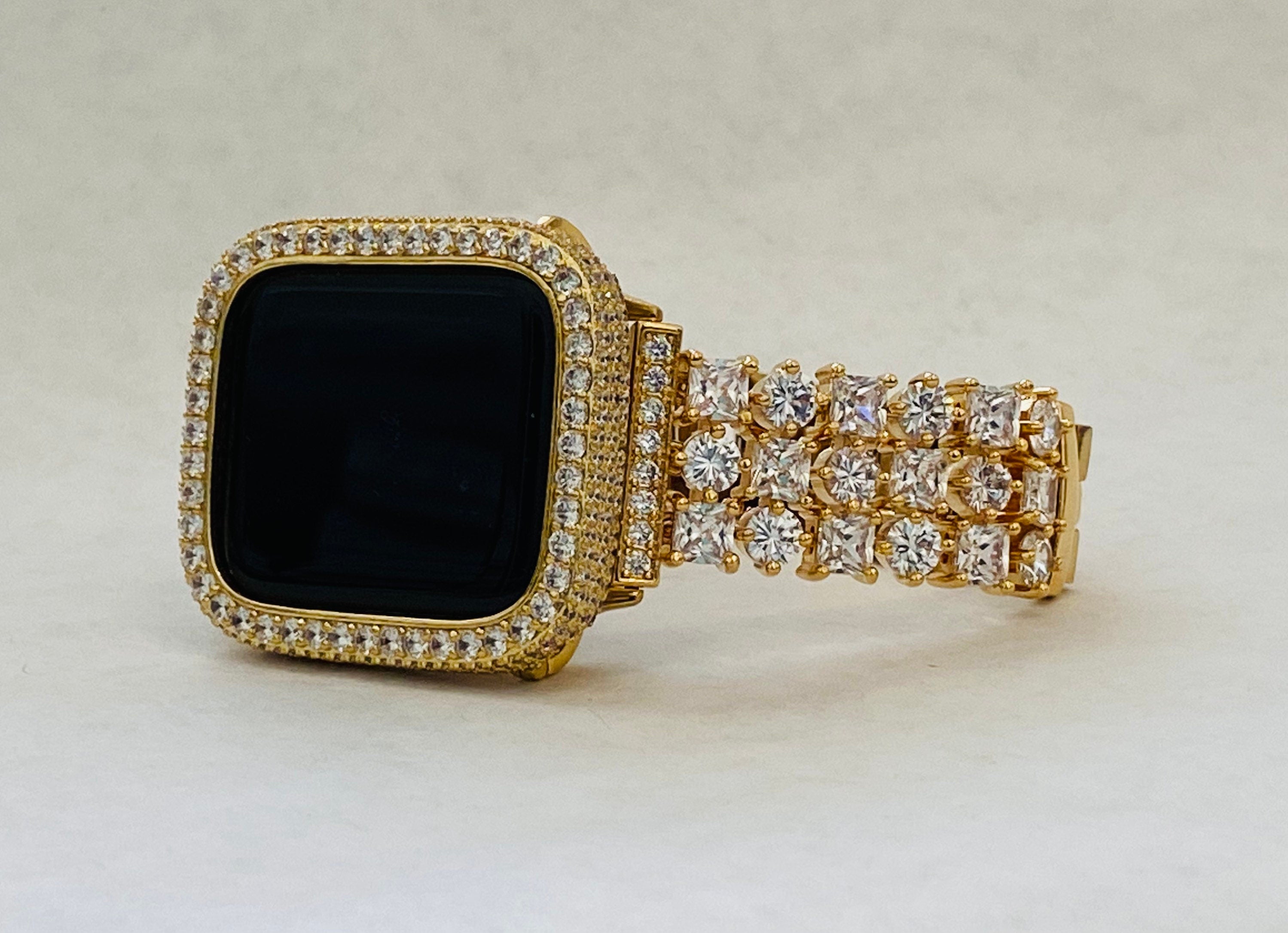 Apple Watch Band Gold Swarovski Crystals & or Apple Watch Cover Lab Diamond Bezel Apple Watch Case Smartwatch Bumper 38mm-49mm Ultra Bling