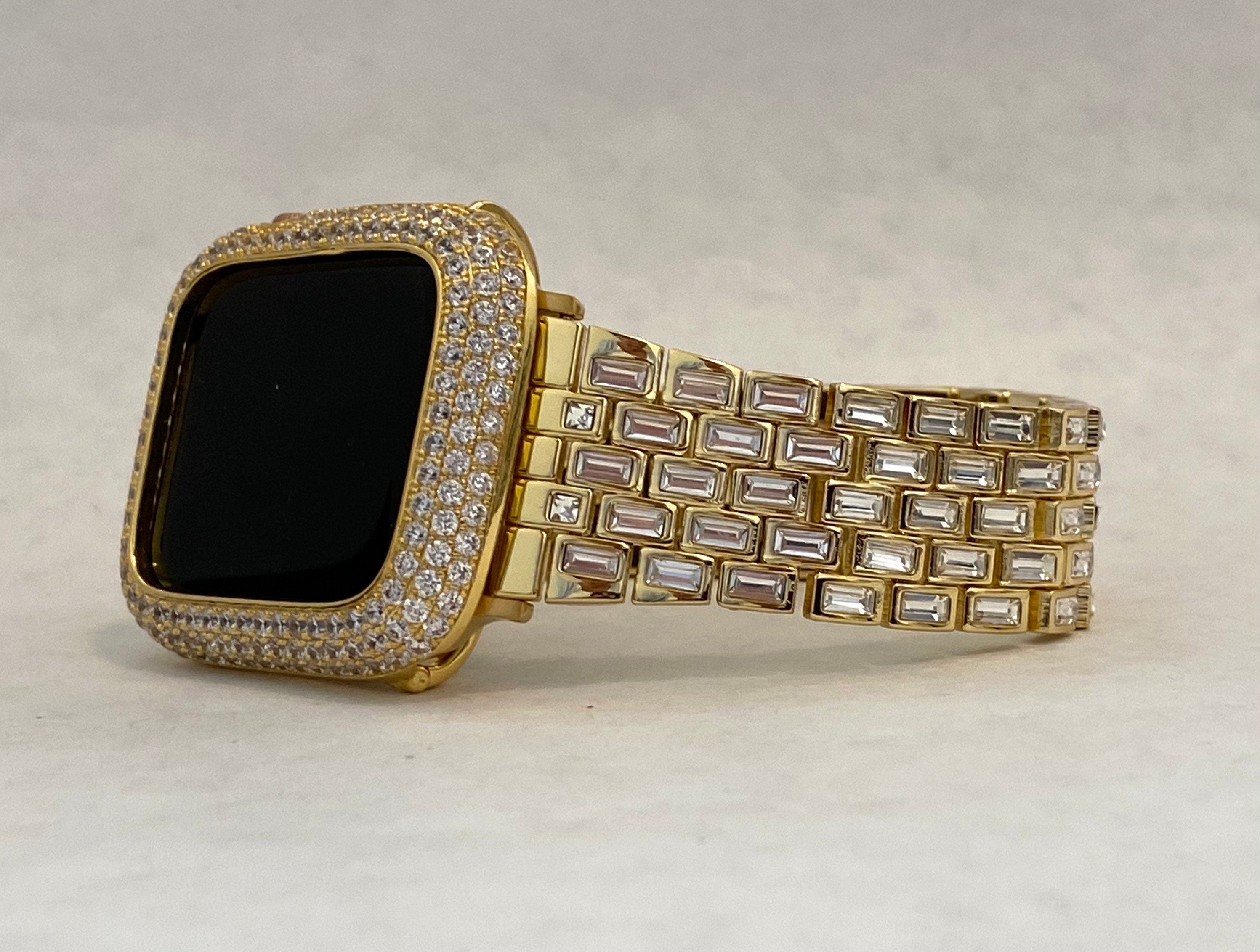 Gold Apple Watch Band Swarovski Crystal Baguettes & or Apple Watch Cover Lab Diamond Bezel Protective Iphone Case 38mm-49mm Ultra Iwatch