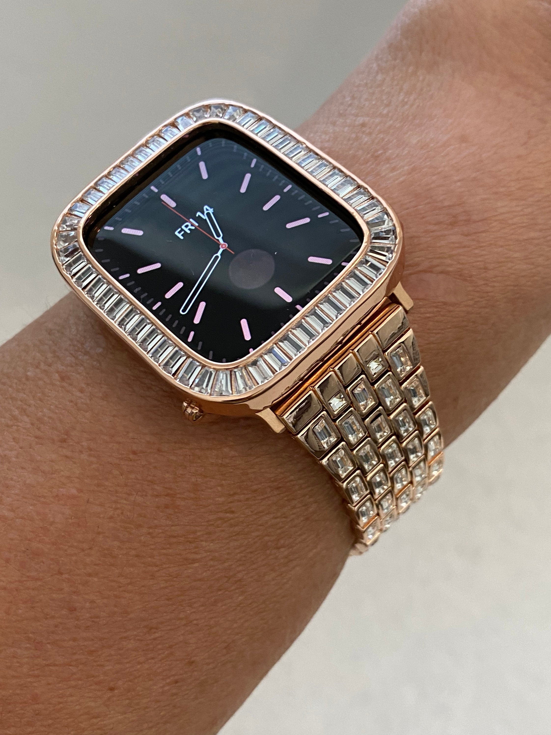 Apple Watch Band Rose Gold Swarovski Crystal Baguettes 38 40 41 42 44 45mm & or Apple Watch Case Lab Diamond Bezel Iwatch Candy