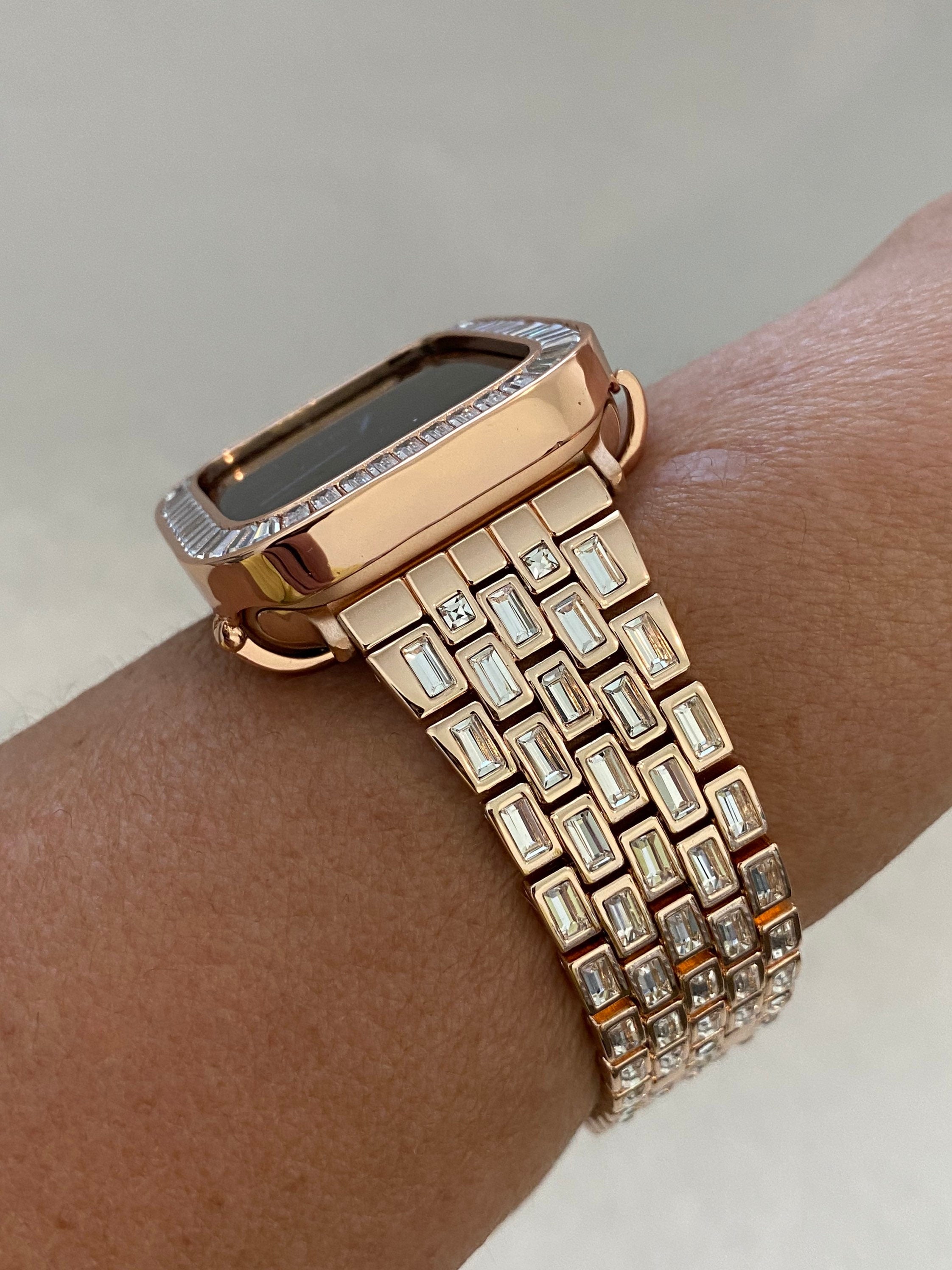 Apple Watch Band Rose Gold Swarovski Crystal Baguettes 38 40 41 42 44 45mm & or Apple Watch Case Lab Diamond Bezel Iwatch Candy