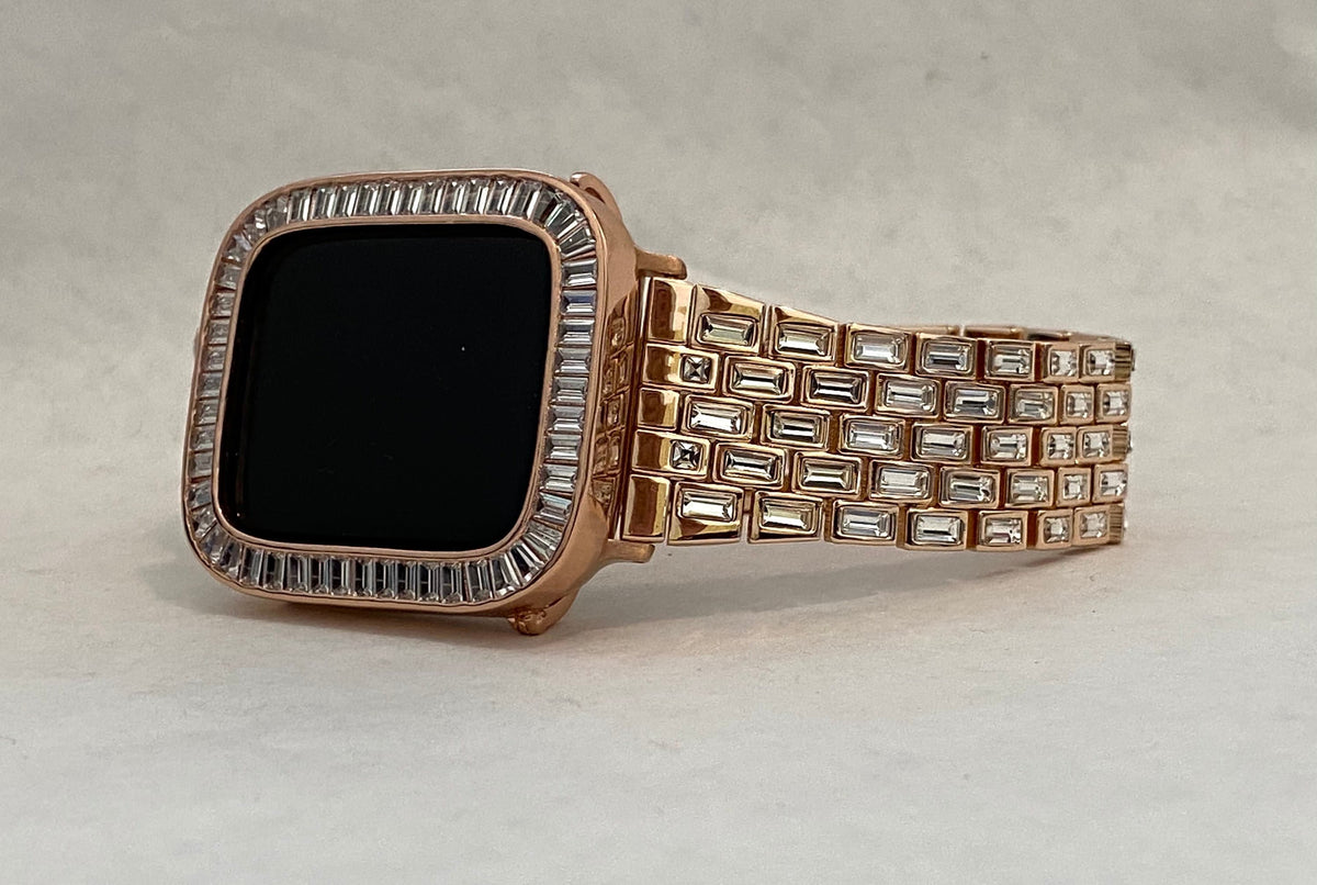 Series 2-11 Apple Watch Band Rose Gold Swarovski Crystal Baguettes 38-46mm & or Apple Watch Case Lab Diamond Bezel Iwatch Candy