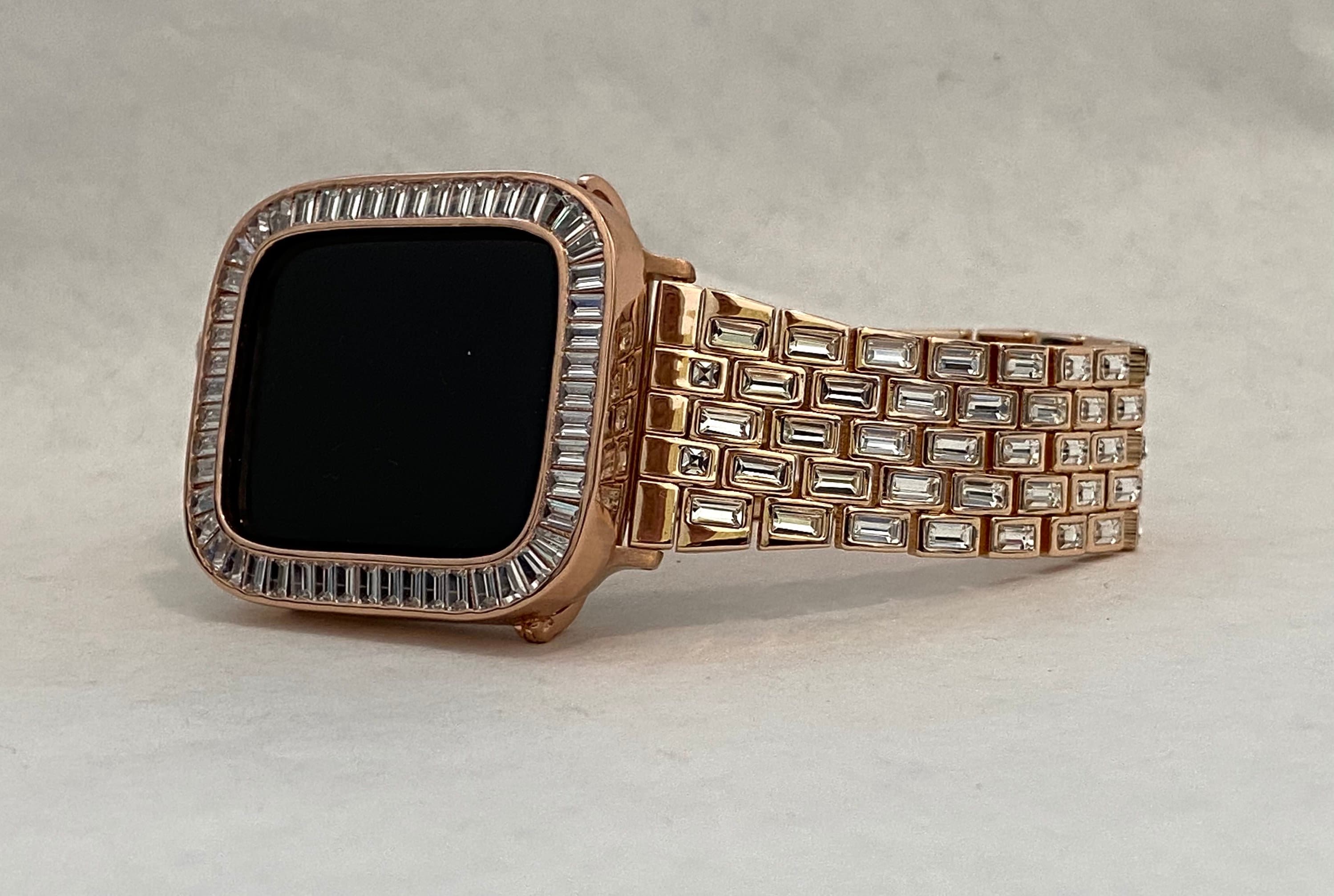 Apple Watch Band Rose Gold Swarovski Crystal Baguettes 38 40 41 42 44 45mm & or Apple Watch Case Lab Diamond Bezel Iwatch Candy