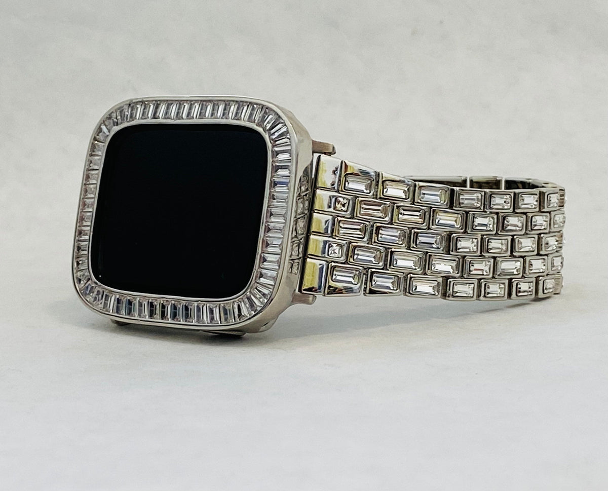 Custom Silver Apple Watch Band Swarovski Crystal Baguettes 38mm-46mm & or Apple Watch Case Baguette Lab Diamond Bezel Cover Gift