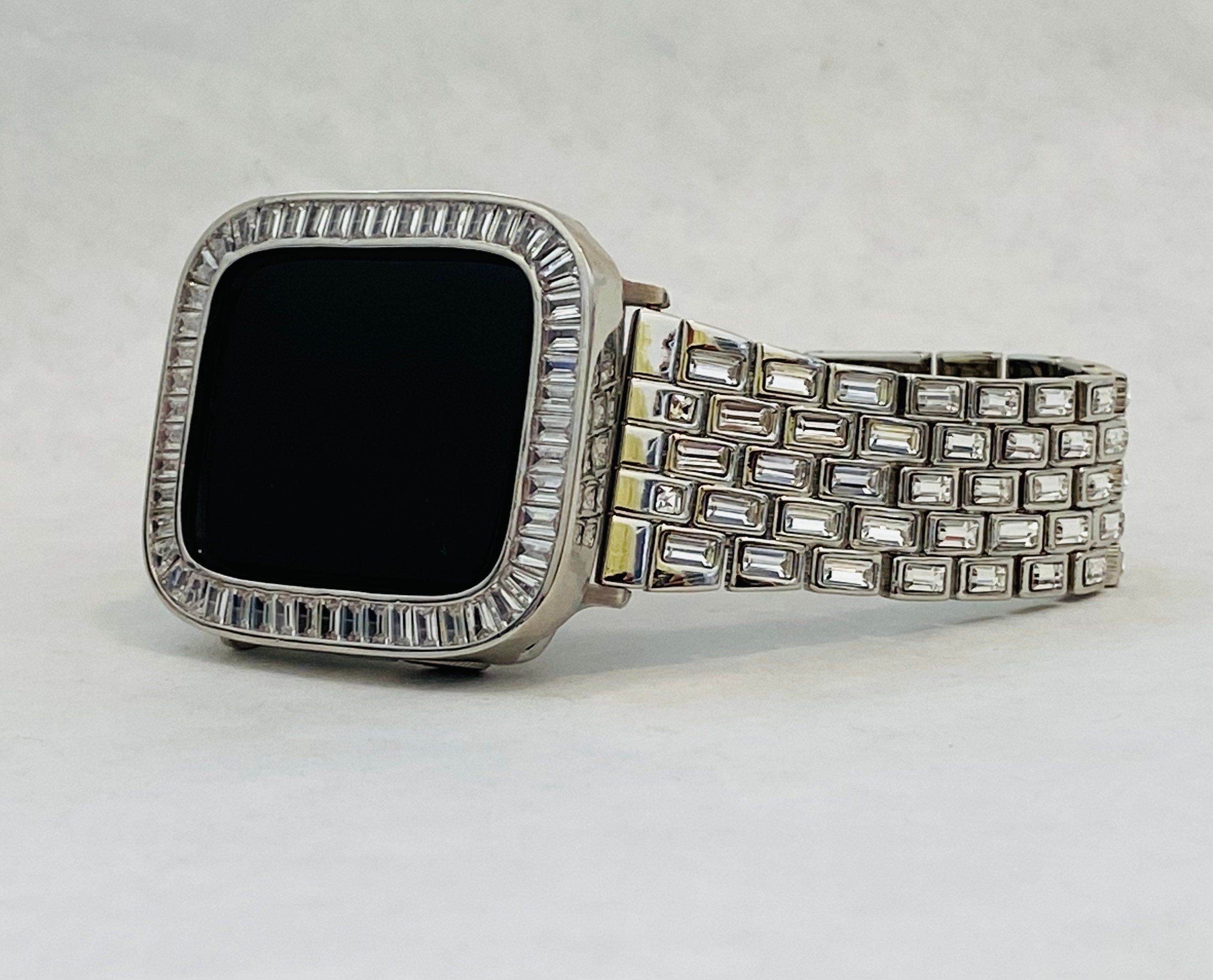 Custom Silver Apple Watch Band Swarovski Crystal Baguettes 38 40 41 42 44 45mm & or Apple Watch Case Baguette Lab Diamond Bezel Cover Gift