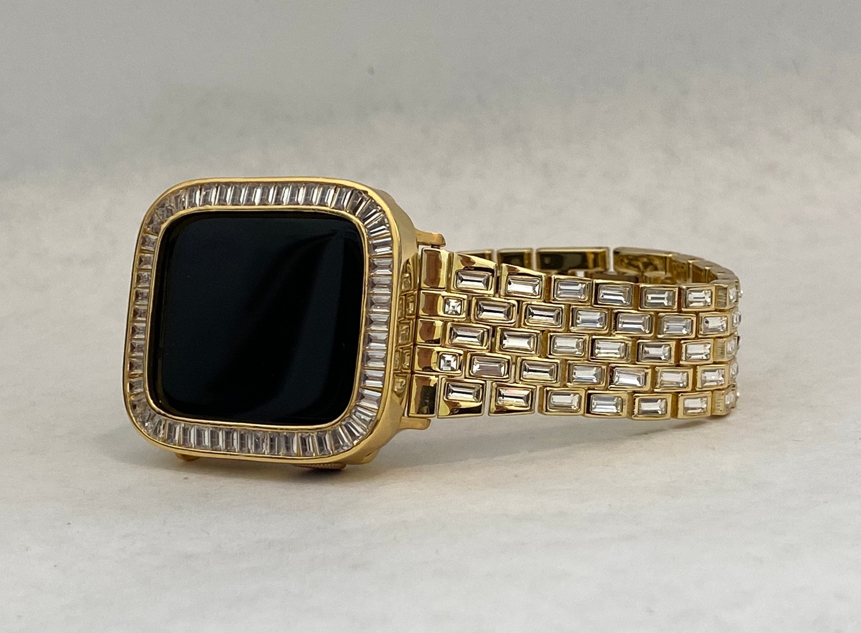 Gold Apple Watch Band Womens Swarovski Crystal Baguettes 38mm 40mm 41mm 42mm 44mm 45mm & or Apple Watch Cover Lab Diamonds Smartwatch Case