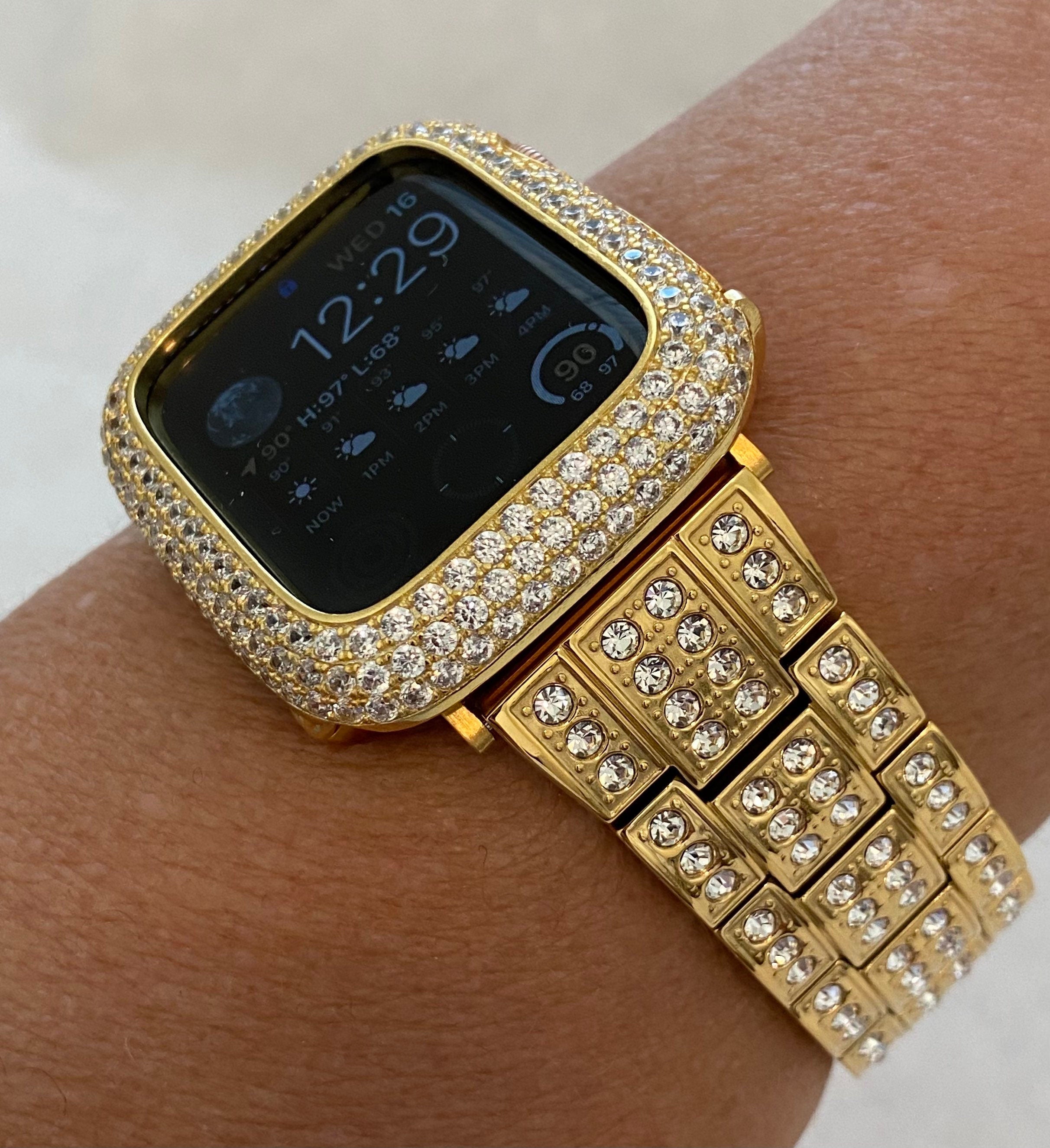 Apple Watch Band Gold Stainless Steel Swarovski Crystals & or Apple Watch Cover Lab Diamond Bezel Series 2-10 38mm-49mm Ultra Iwatch Case