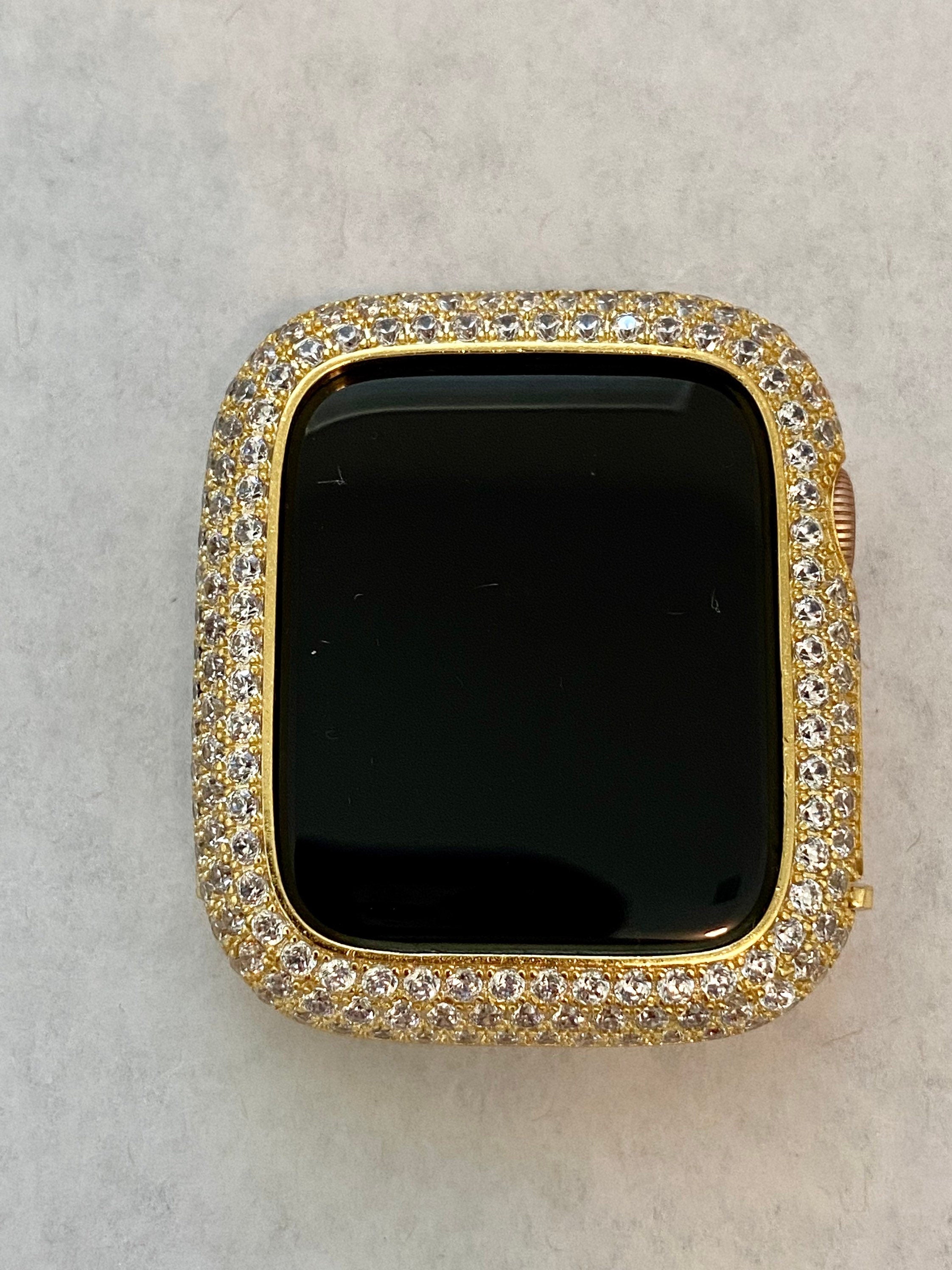 Apple Watch Band Gold Stainless Steel Swarovski Crystals & or Apple Watch Cover Lab Diamond Bezel Series 2-10 38mm-49mm Ultra Iwatch Case