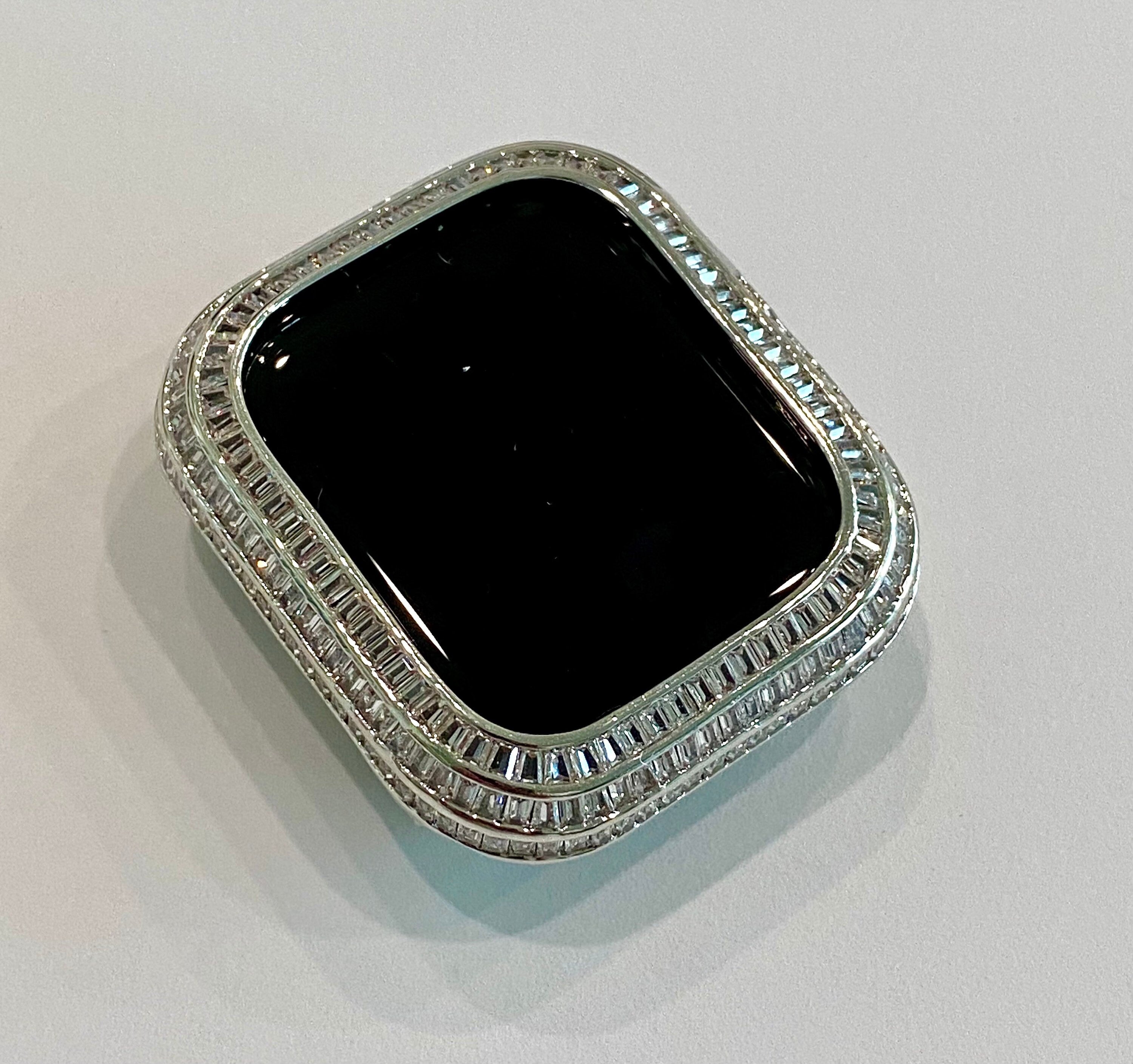 Custom Silver Apple Watch Band Stainless Steel Pave Swarovski Crystals & or Apple Watch Case Lab Diamond Baguette Bezel Bling 40mm-45mm