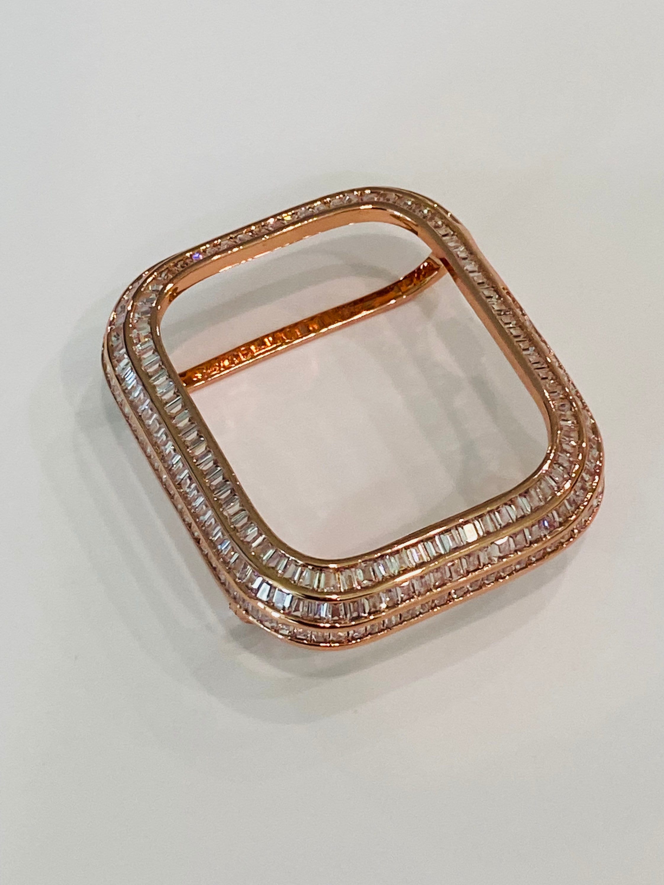 Rose Gold Apple Watch Band with Swarovski Crystals & or Apple Watch Cover Baguette Lab Diamond Bezel Cover 40mm 41mm 44mm 45mm
