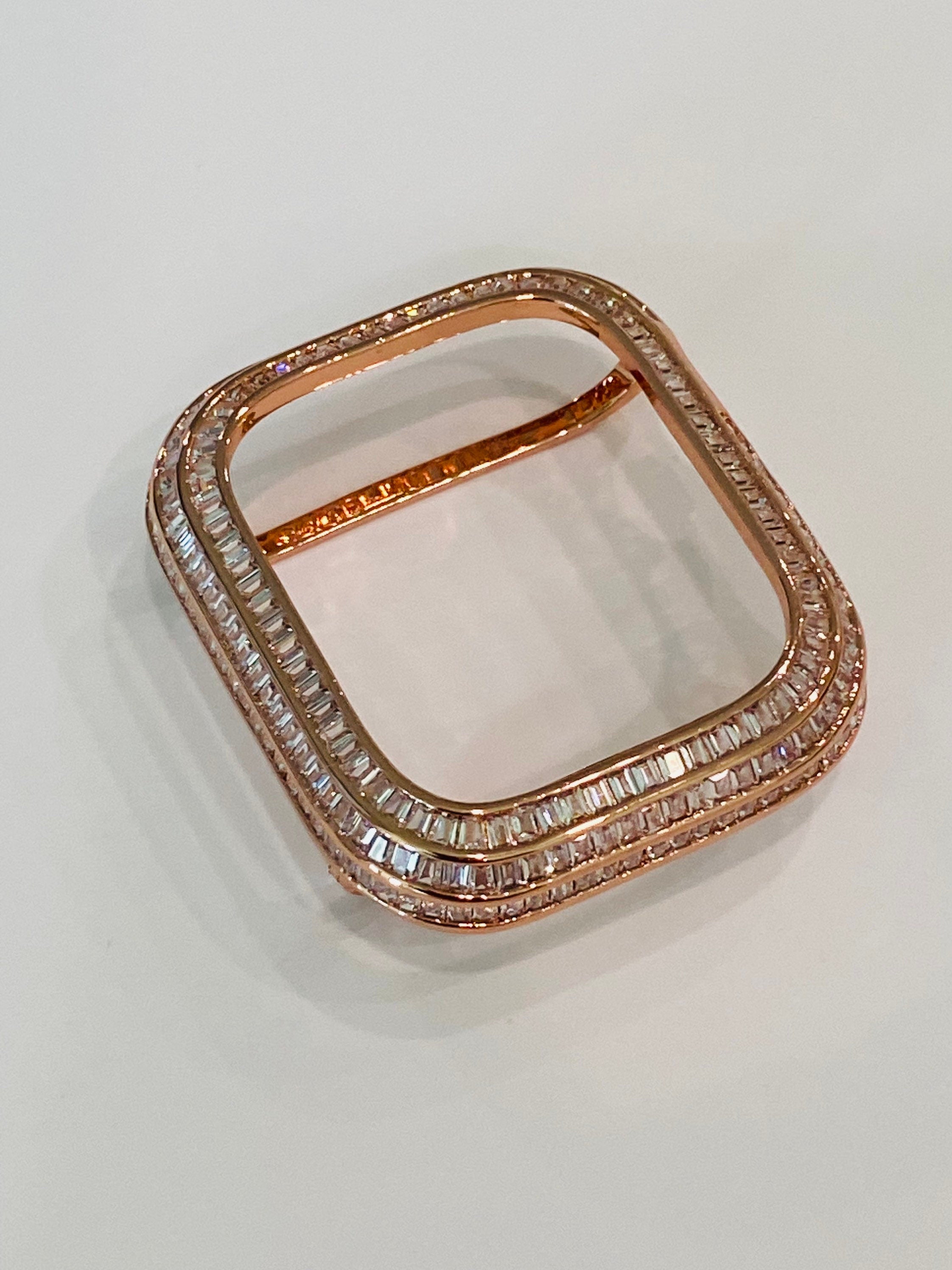 Rose Gold Apple Watch Band with Swarovski Crystals & or Apple Watch Cover Baguette Lab Diamond Bezel Cover 40mm 41mm 44mm 45mm