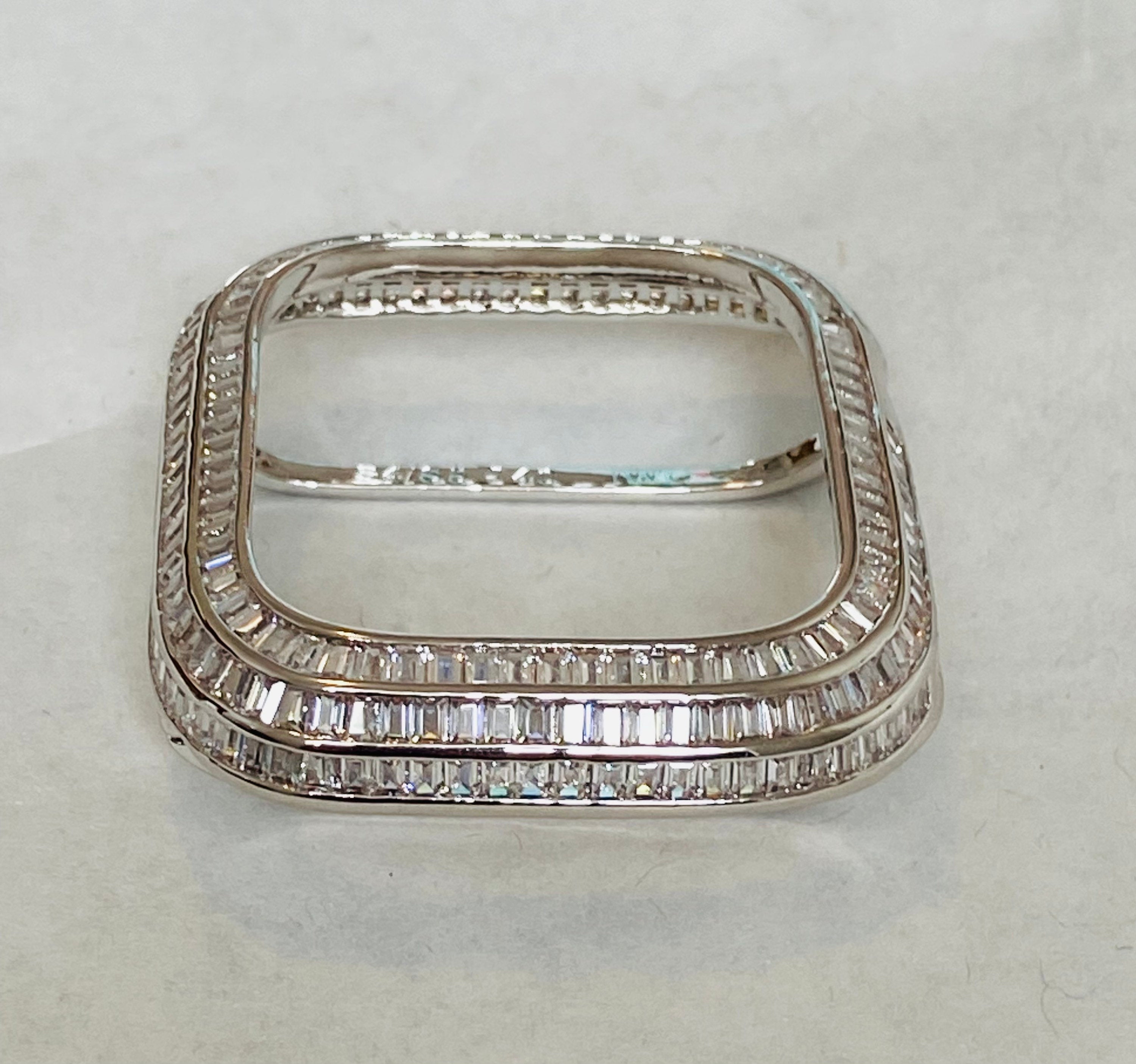 Custom Silver Apple Watch Band Stainless Steel Pave Swarovski Crystals & or Apple Watch Case Lab Diamond Baguette Bezel Bling 40mm-45mm