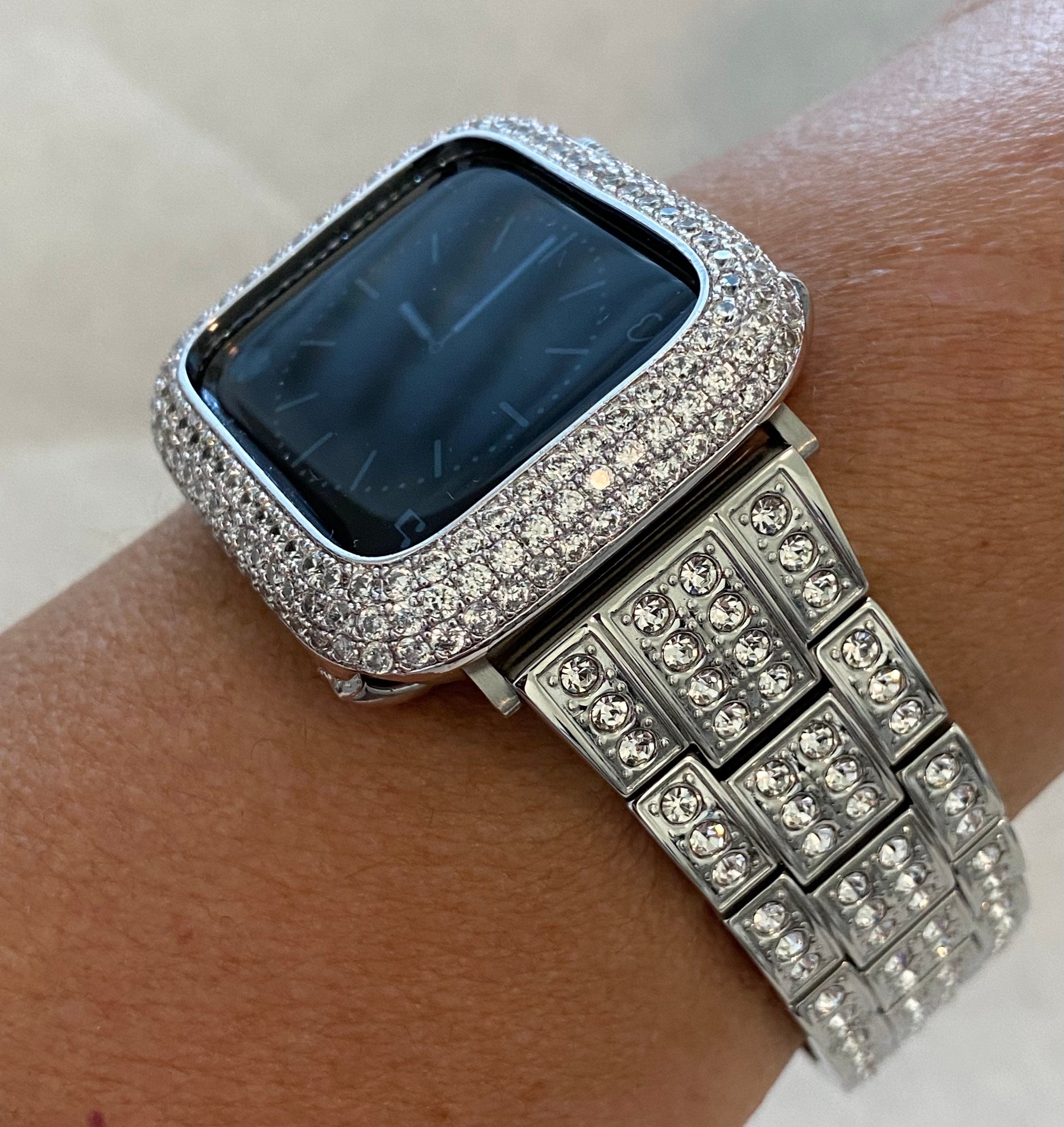 Apple Watch Band Silver Stainless Steel Swarovski Crystal & or Apple Watch Cover Lab Diamond Bezel 38 40 41 42 44 45 46 49mm Ultra Series 10