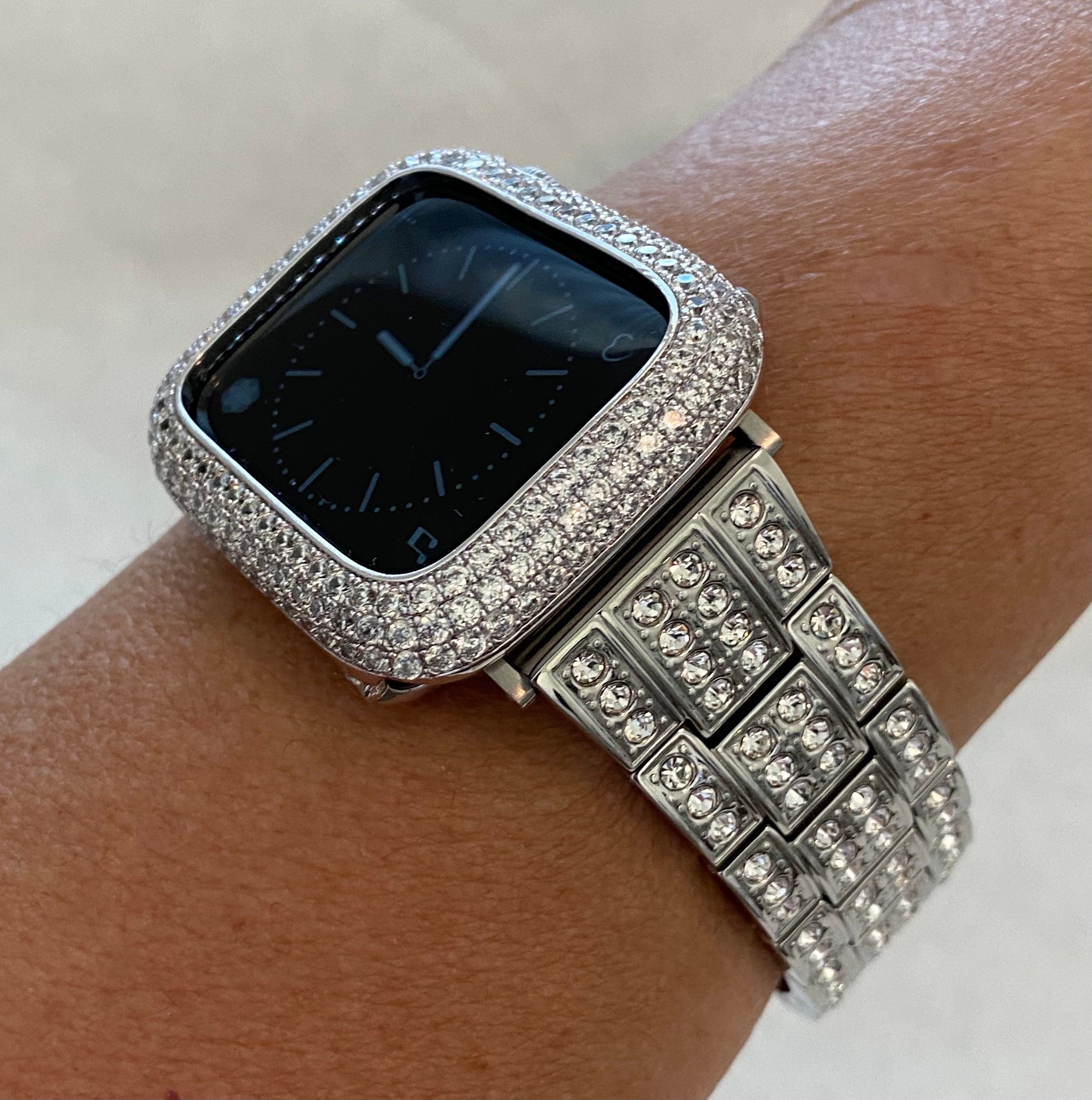 Apple Watch Band Stainless Steel Silver Swarovski Crystals & or Apple Watch Cover Lab Diamond Bezel Iphone Watch Case 38mm-49mm Ultra