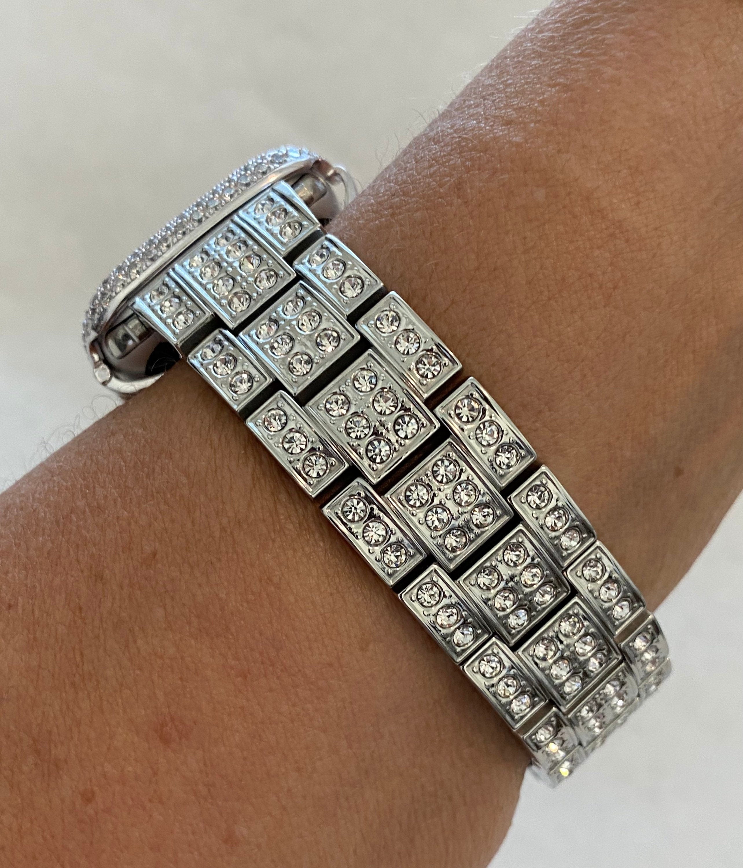 Apple Watch Band Silver Stainless Steel Swarovski Crystal & or Apple Watch Cover Lab Diamond Bezel 38 40 41 42 44 45 46 49mm Ultra Series 10