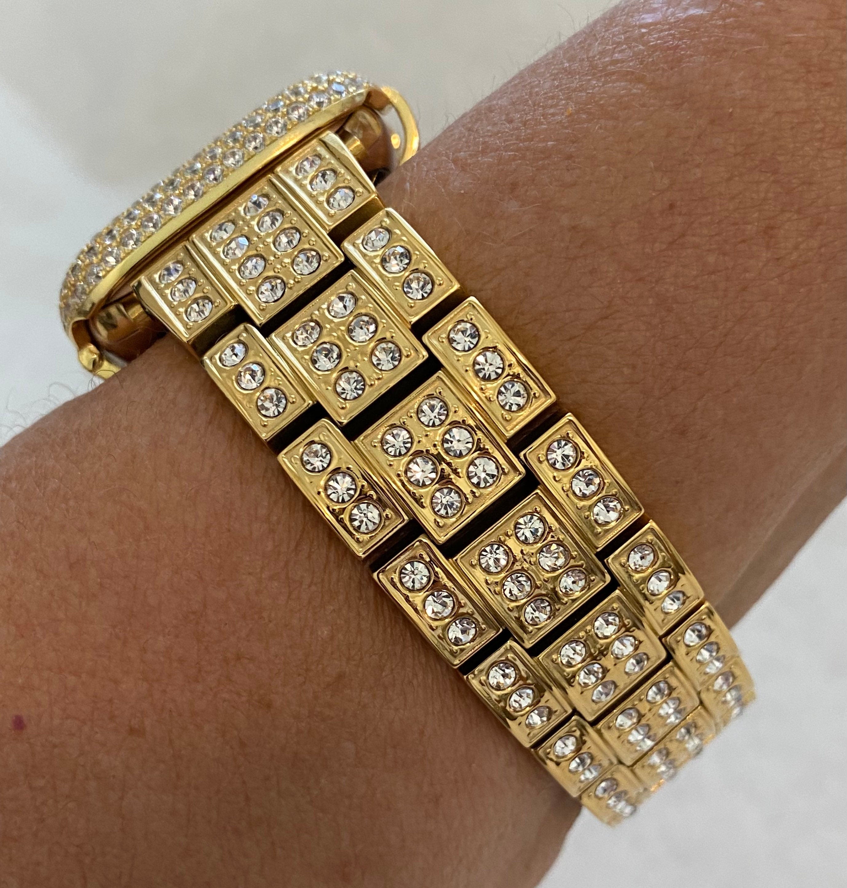 Apple Watch Band Gold Stainless Steel Swarovski Crystals & or Apple Watch Cover Lab Diamond Bezel Series 2-10 38mm-49mm Ultra Iwatch Case